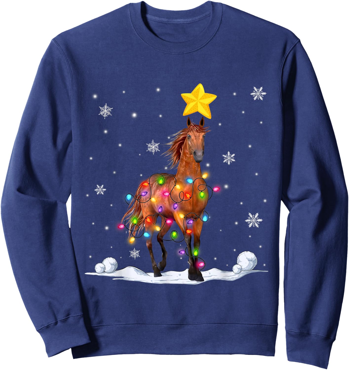 Funny Xmas Horse Animals Lover Christmas Tree Lights Sweatshirt - Sweatshirt | Navy