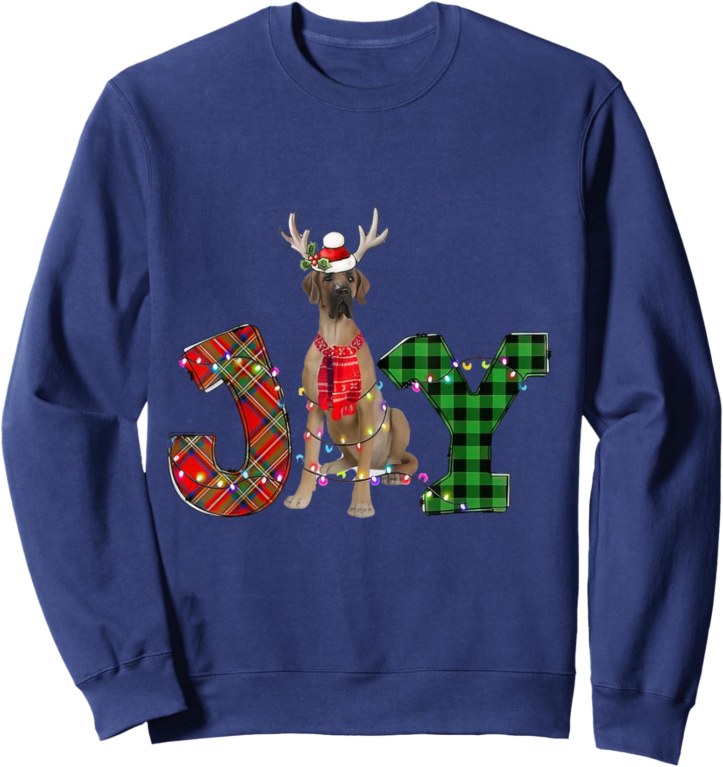 Joy Christmas Lights Fawn Great Dane Dog Santa Hat Pajama Sweatshirt - Sweatshirt | Navy