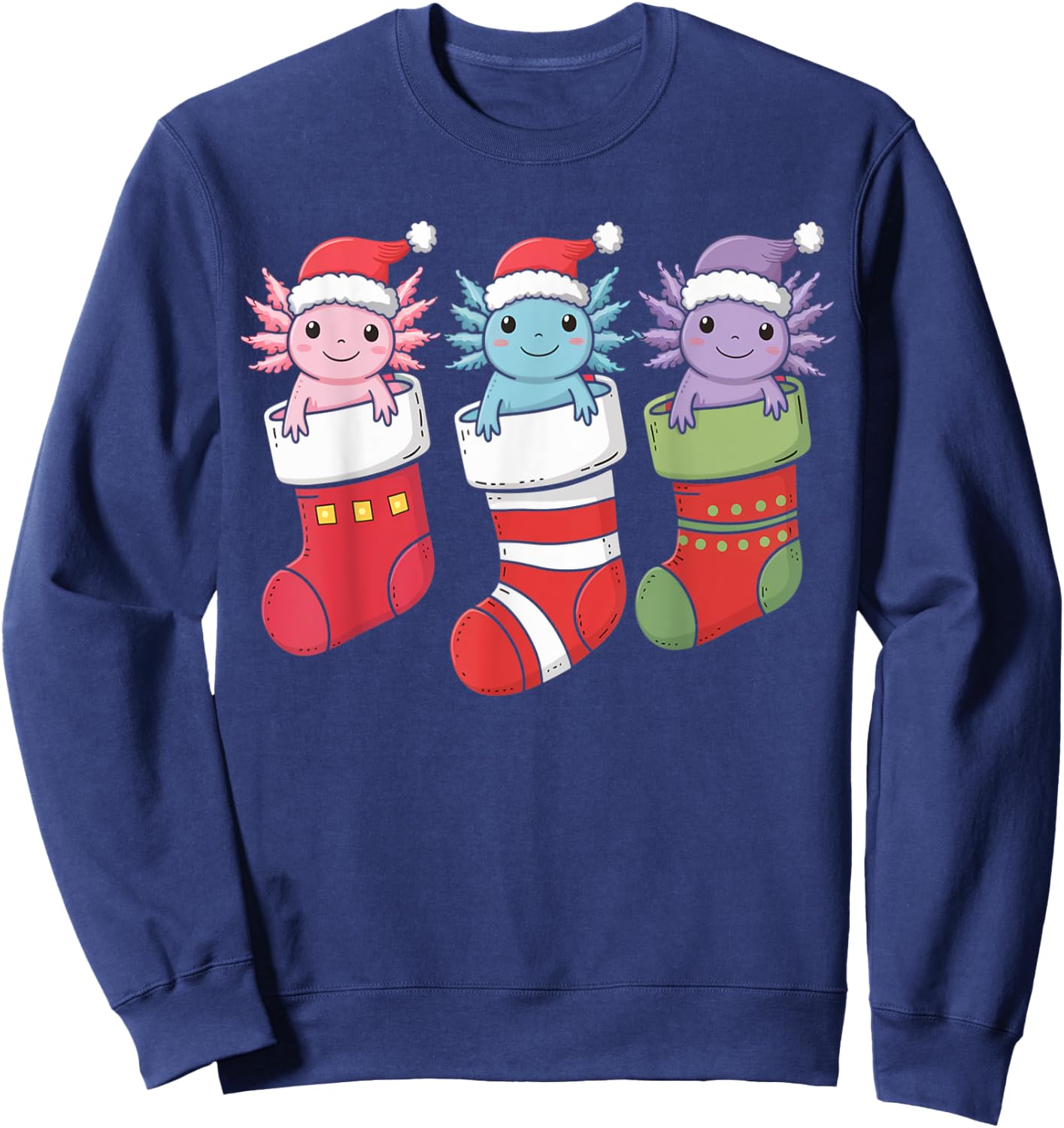 Axolotl Stocking Santa Hat Christmas Kawaii Holiday Xmas Sweatshirt - Sweatshirt | Navy