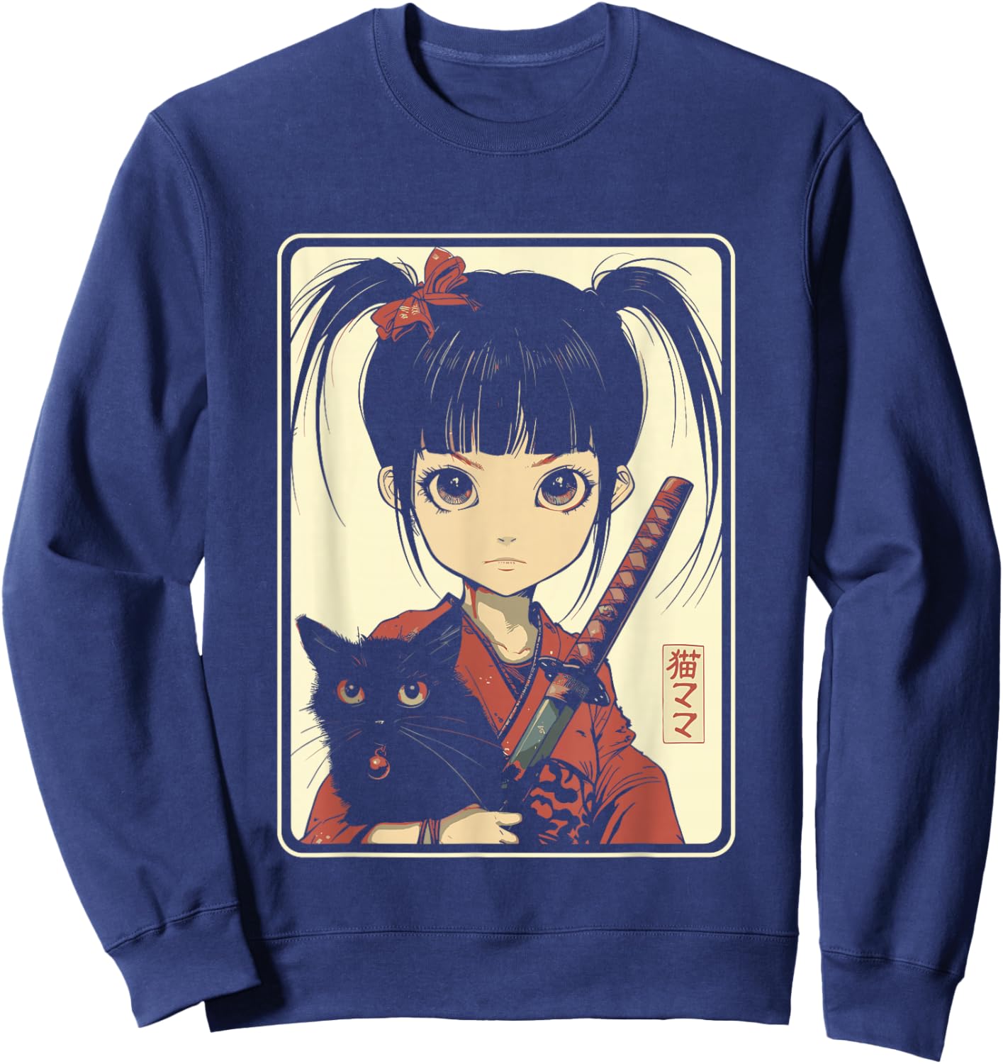 Japanese Gothic Kawaii Anime Samurai Cat Mom Woman Girls Sweatshirt - Sweatshirt | Navy