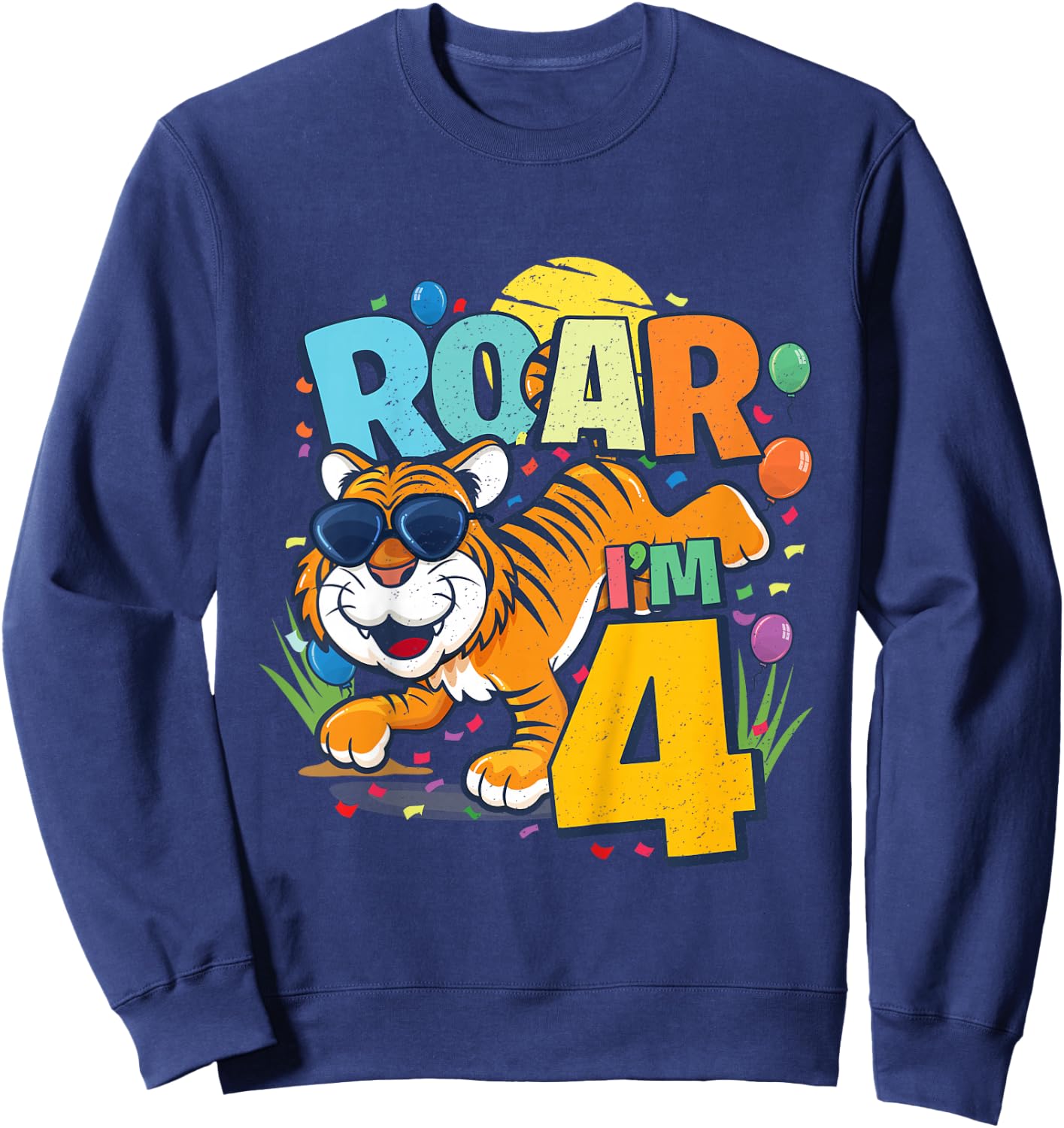Kids 4th Birthday ROAR I'M 4 Year Old Boys Tiger Safari Gift Top Sweatshirt - Sweatshirt | Navy