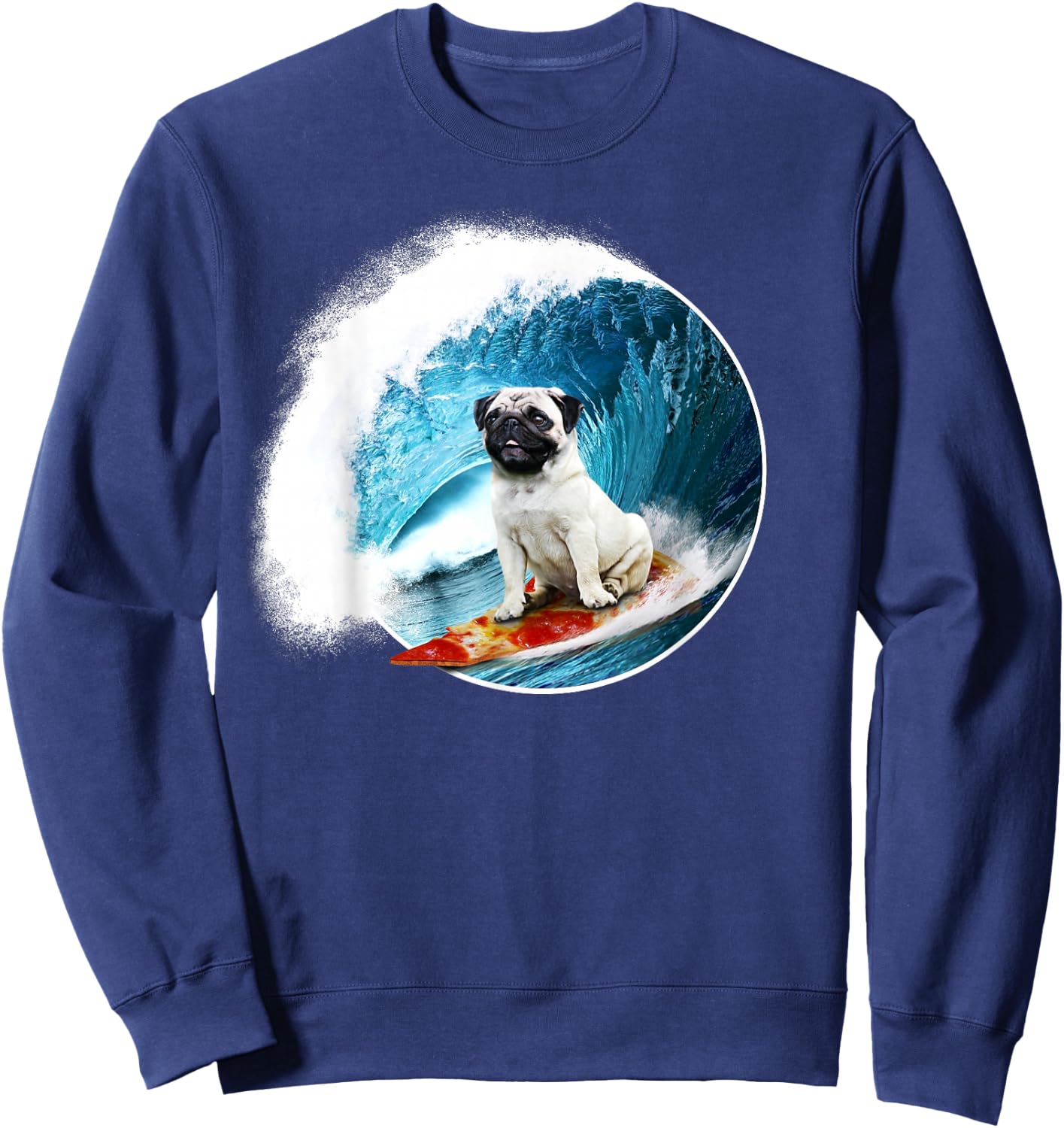 Funny Pug - Surfing Pug riding a ocean Wave on a Pizza Sweatshirt - Sweatshirt | Navy