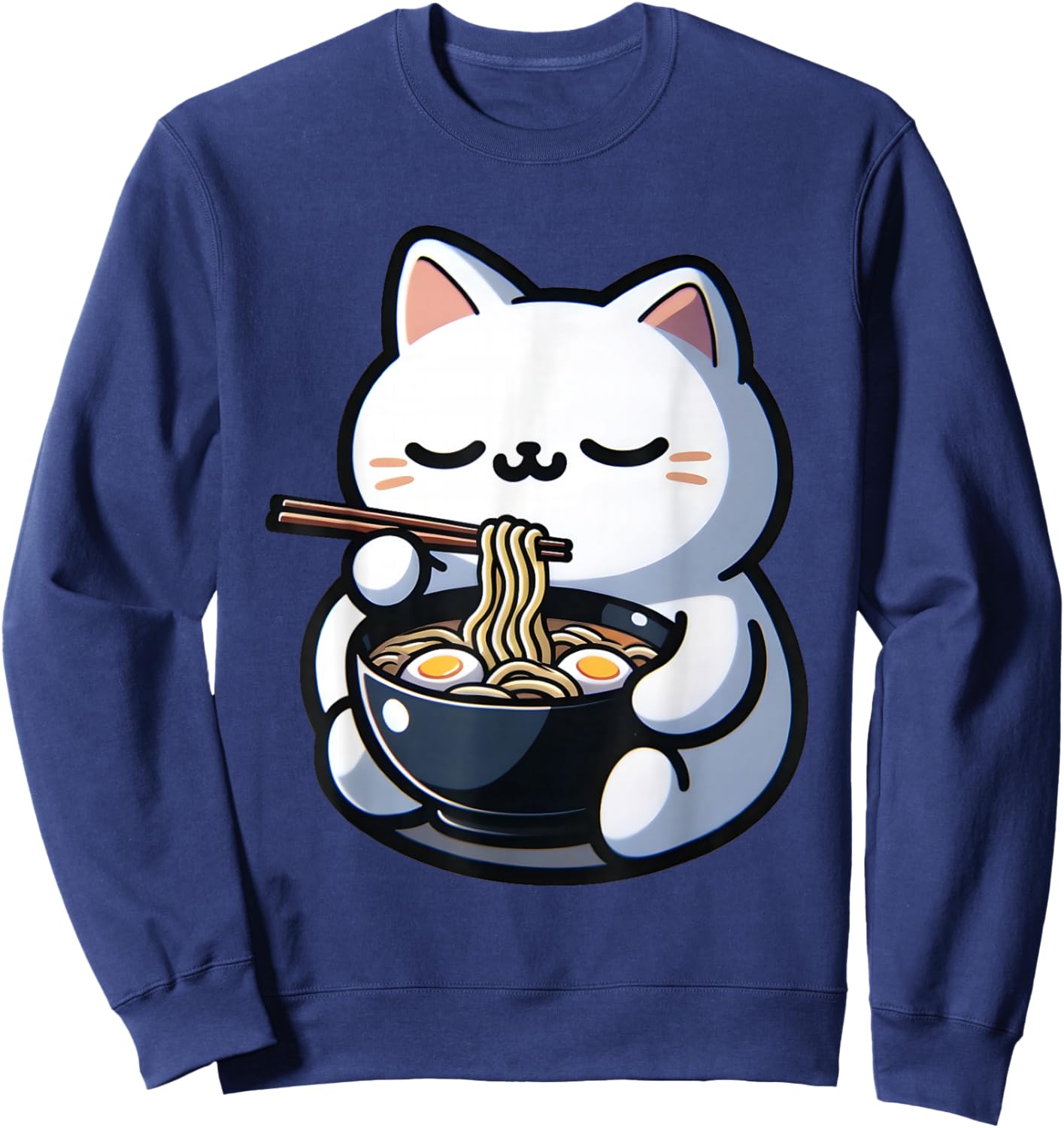 Cat Eating Ramen Noodles Kawaii Anime Japanese Cute Neko Sweatshirt - Sweatshirt | Navy