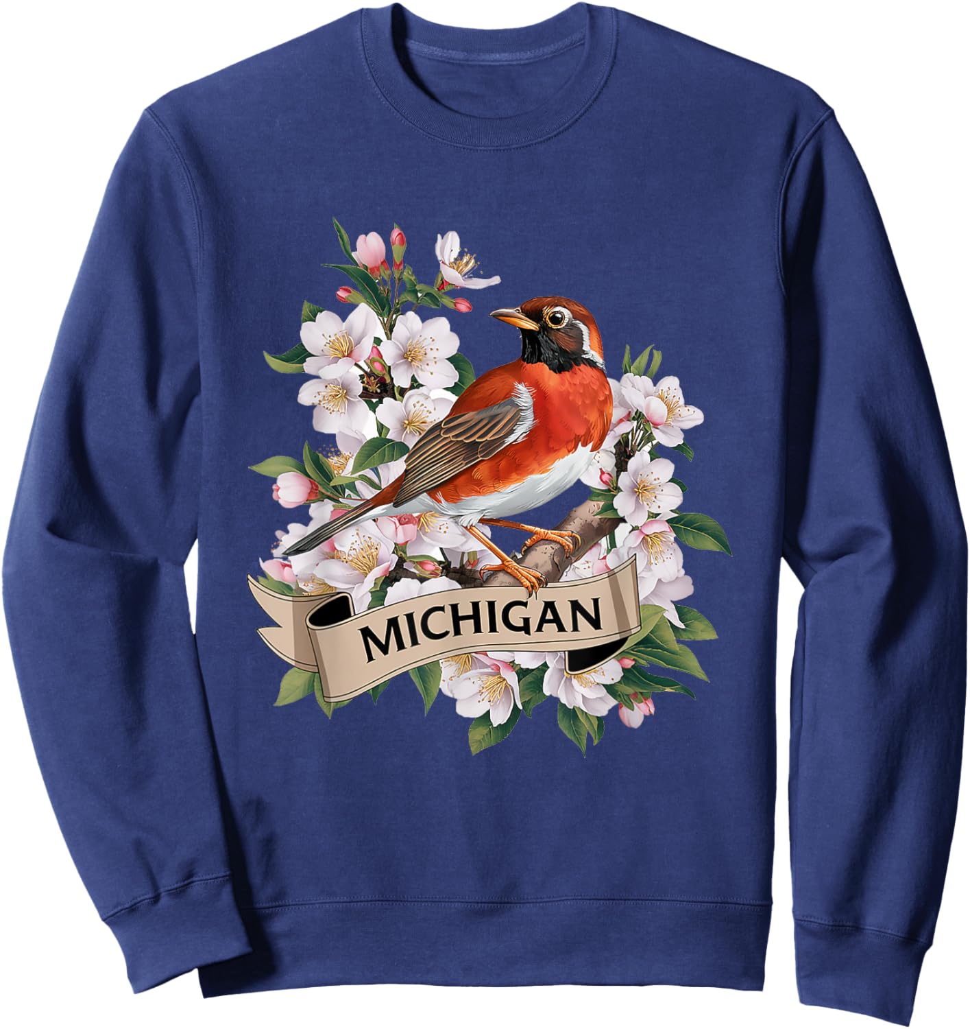 Michigan American Robin Bird and Apple Blossom Flower Sweatshirt - Sweatshirt | Navy