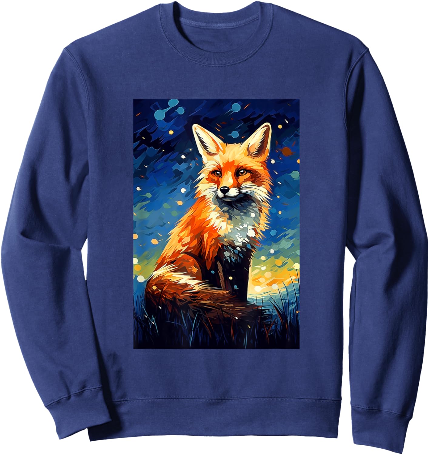 Cute Fox Van Gogh Style Starry Night Graphic Sweatshirt - Sweatshirt | Navy