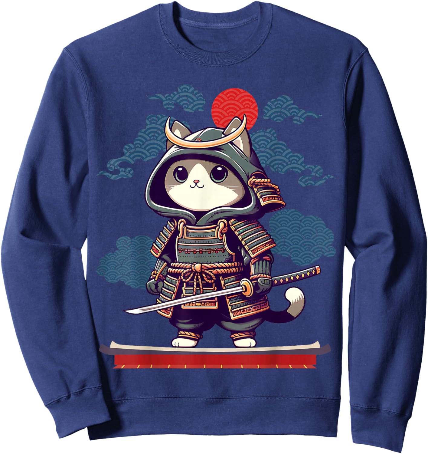 Japanese Samurai Cat Tattoo Kawaii Ninja Cat Anime Cute Kids Sweatshirt - Sweatshirt | Navy