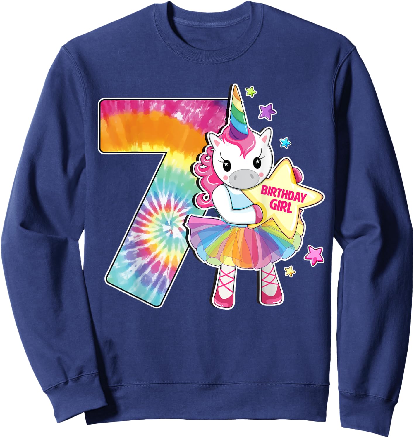 7th Birthday Unicorn Shirt Gift Girls Age 7 Tie Dye Sweatshirt - Sweatshirt | Navy