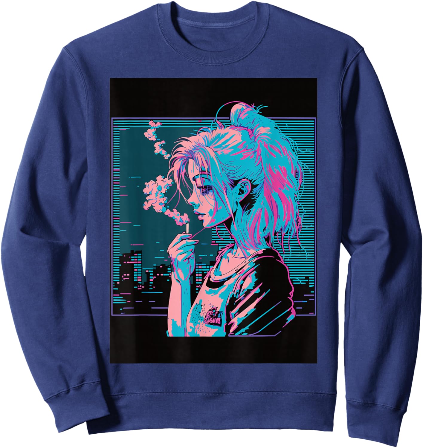 Japanese Vaporwave Sad Anime Girl Indie Aesthetic Otaku Sweatshirt - Sweatshirt | Navy