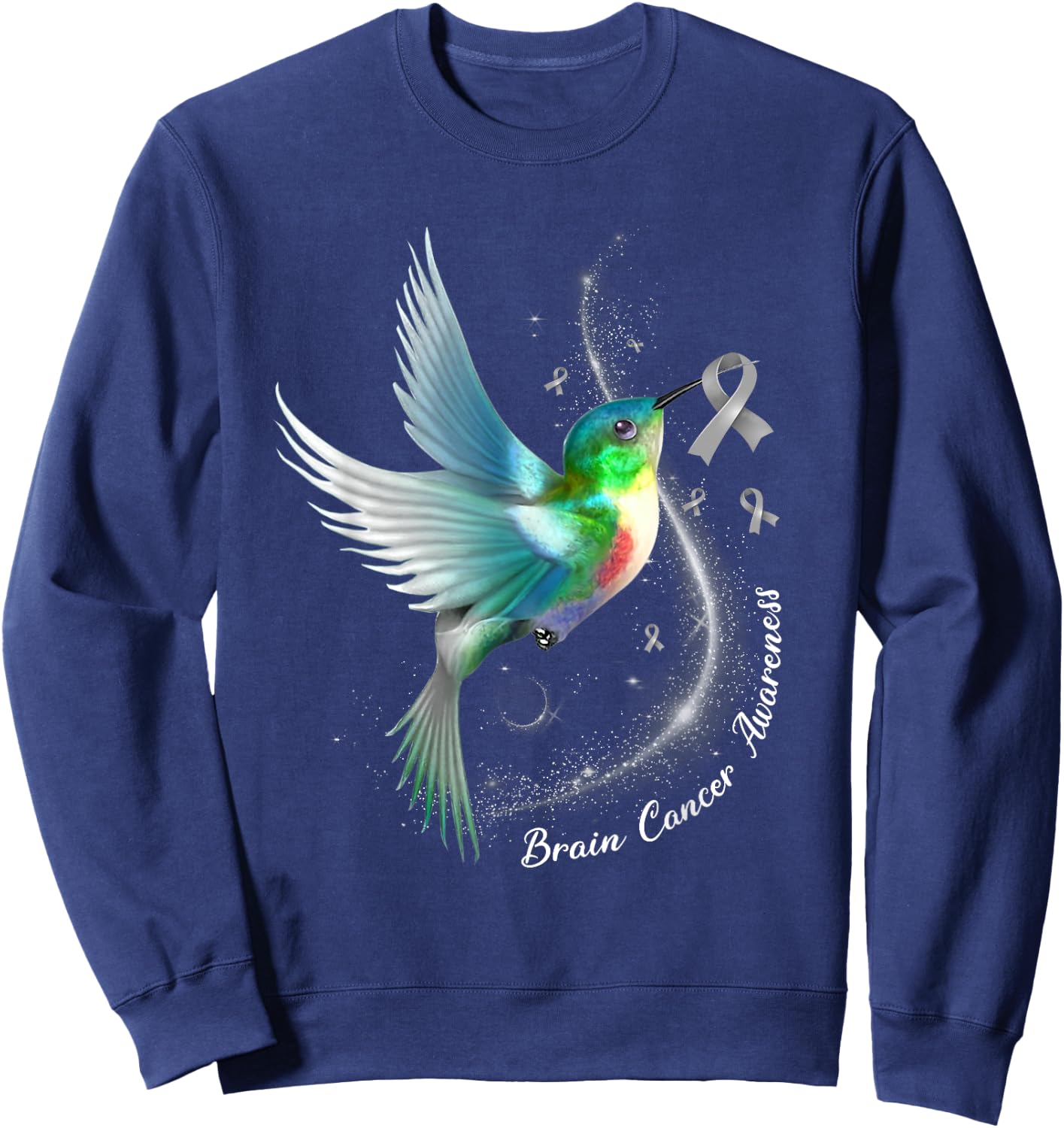 Grey Ribbon Hummingbird Brain Cancer Awareness Month Sweatshirt - Sweatshirt | Navy
