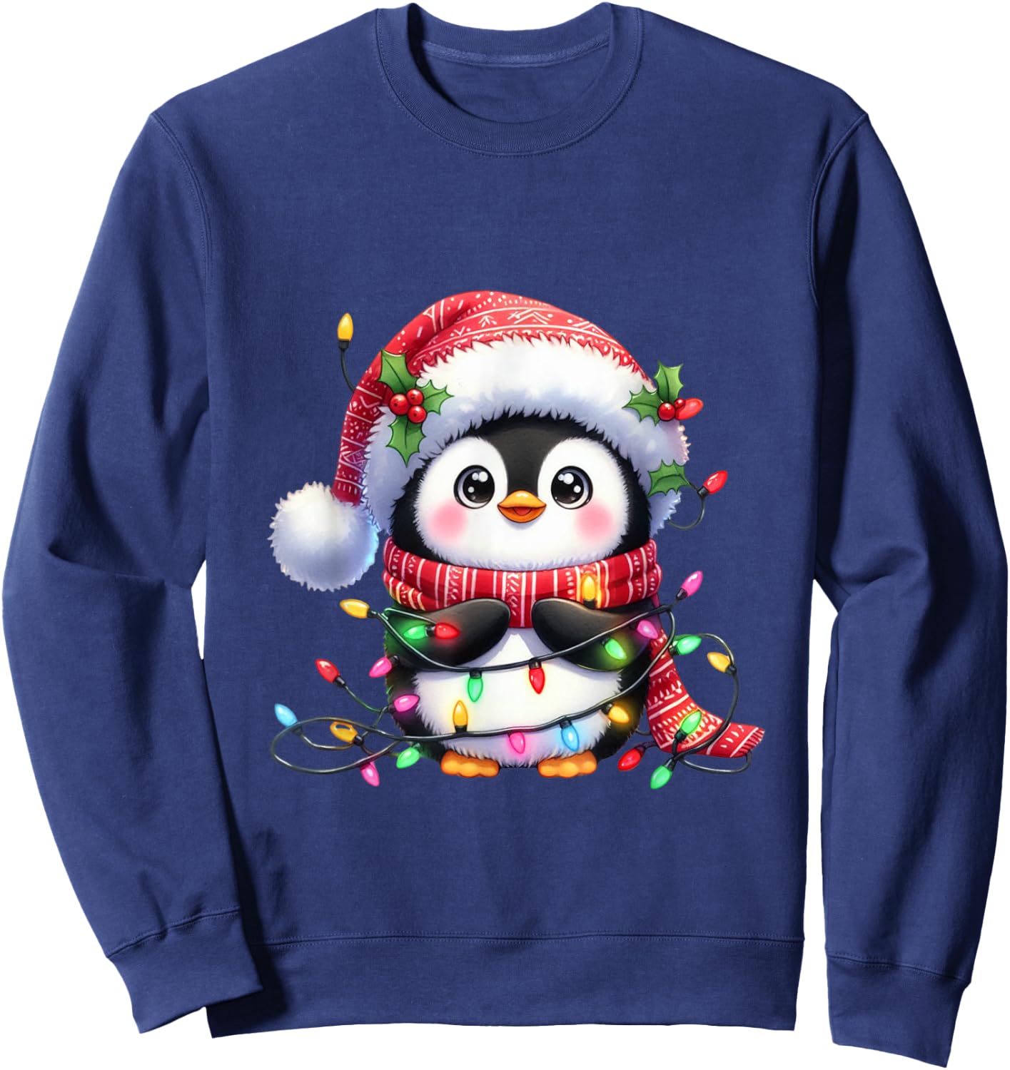 Penguin Christmas Lights Santa Hat Xmas Penguin Lover Sweatshirt - Sweatshirt | Navy