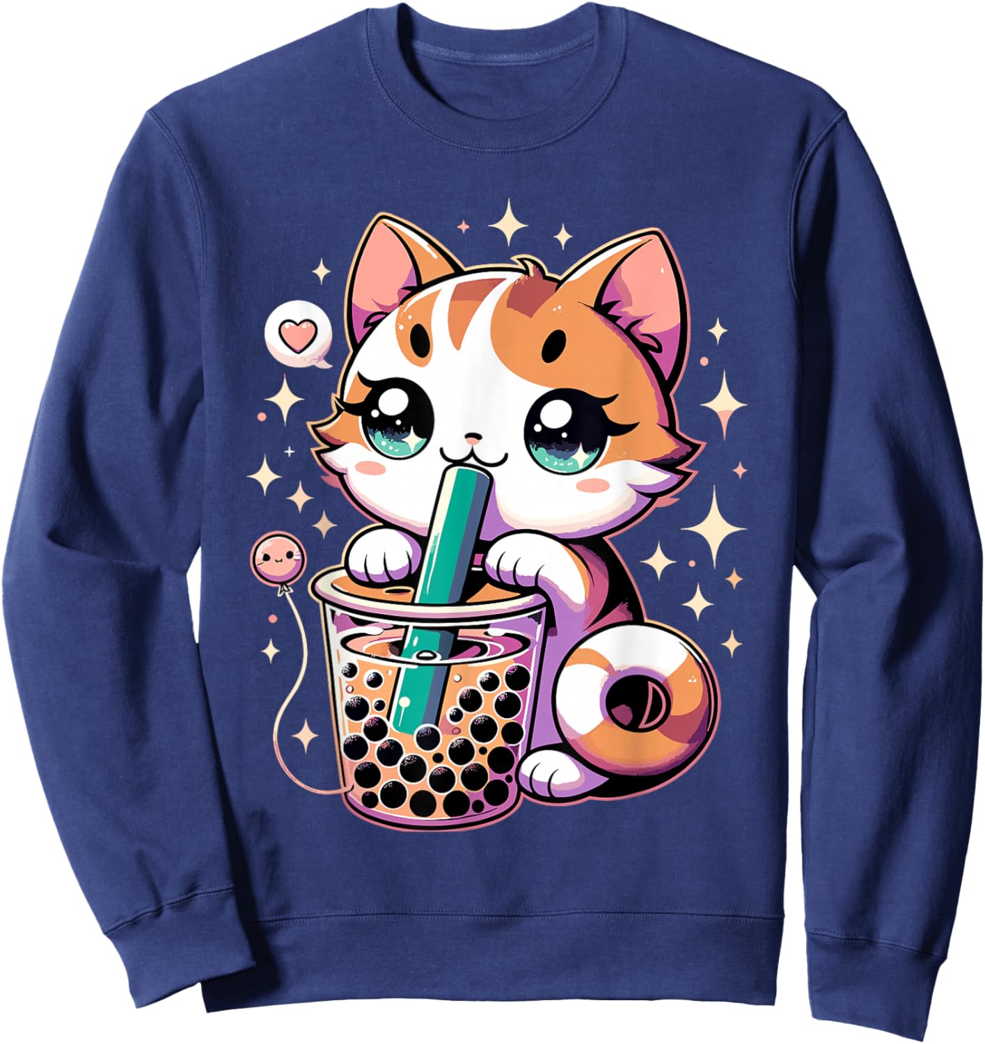 Cat Boba Japanese Kawaii Anime Kitty Bubble Tea Neko Teen Sweatshirt - Sweatshirt | Navy