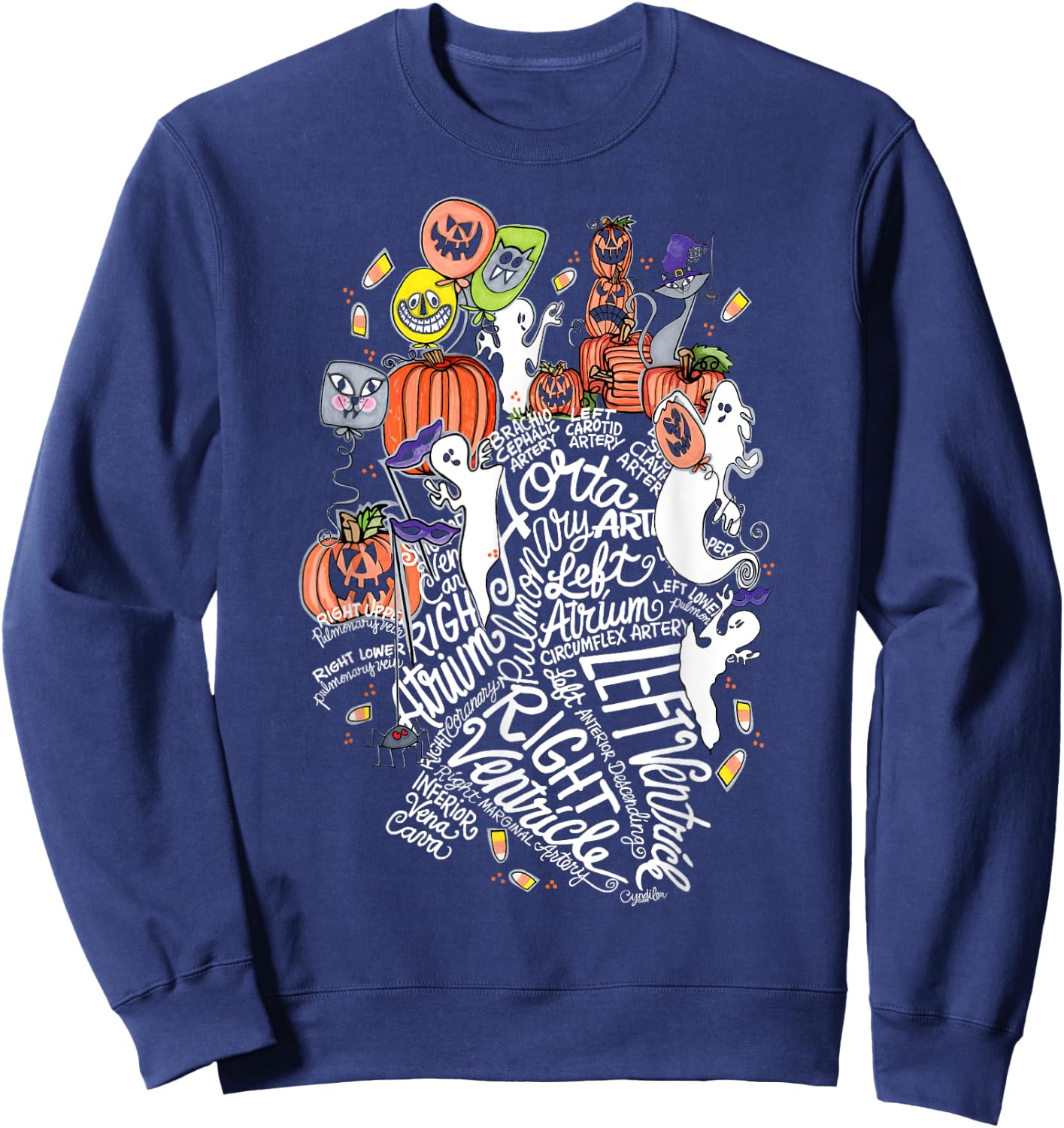 Anatomical Heart Halloween Medical White Word Cloud Line Art Sweatshirt - Sweatshirt | Navy