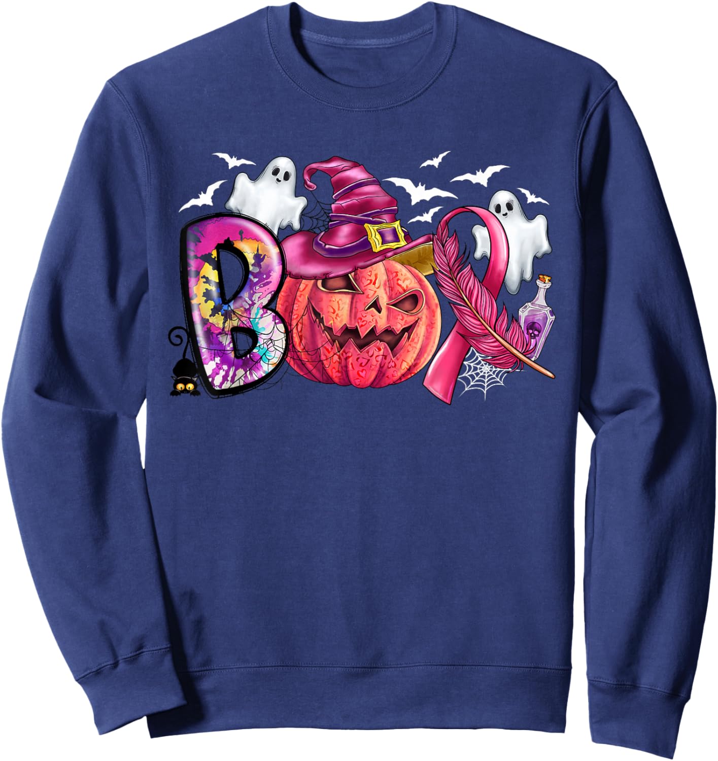 Boo Halloween Pumpkin Pink Ribbon Witch Breast Cancer Ribbon Sweatshirt - Sweatshirt | Navy