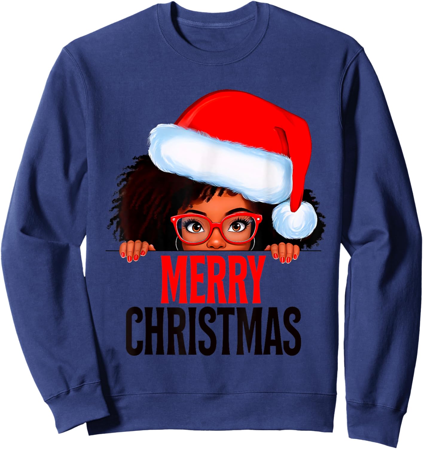 Mrs. Claus Santa Melanin Christmas Black Peeking Claus Sweatshirt - Sweatshirt | Navy