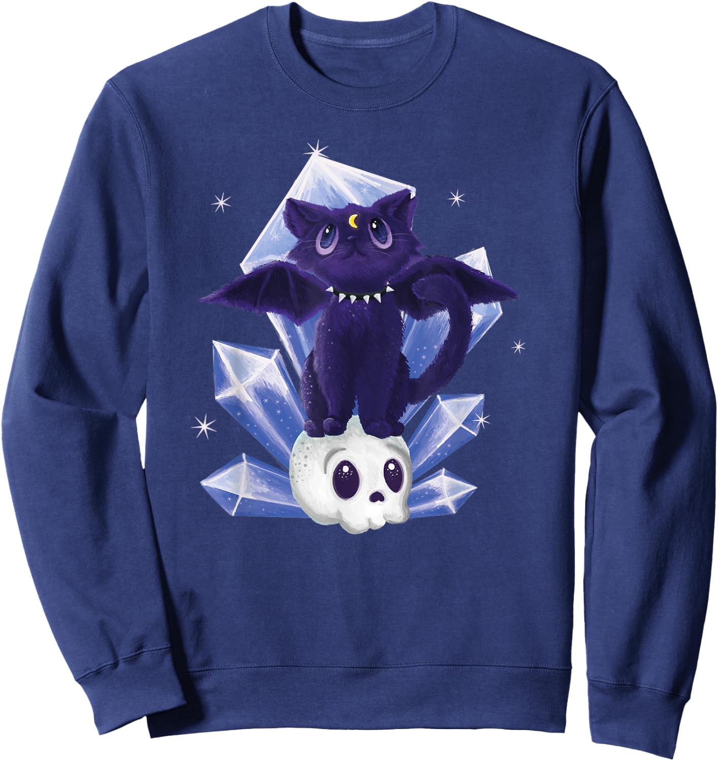Kawaii Pastel Goth Cute Creepy Witchy Cat and Skull Sweatshirt - Sweatshirt | Navy