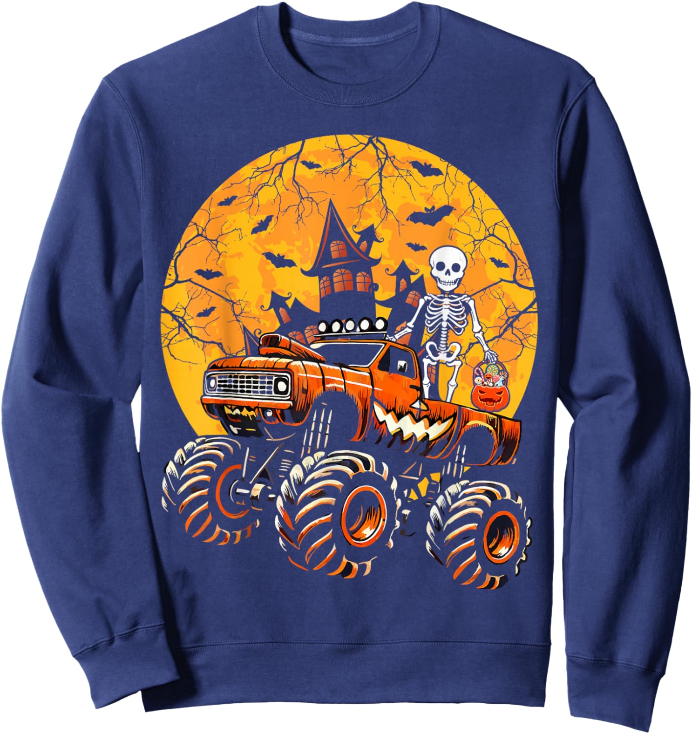 Halloween Skeleton Riding Monster Truck Pumpkin Boys Kids Sweatshirt - Sweatshirt | Navy