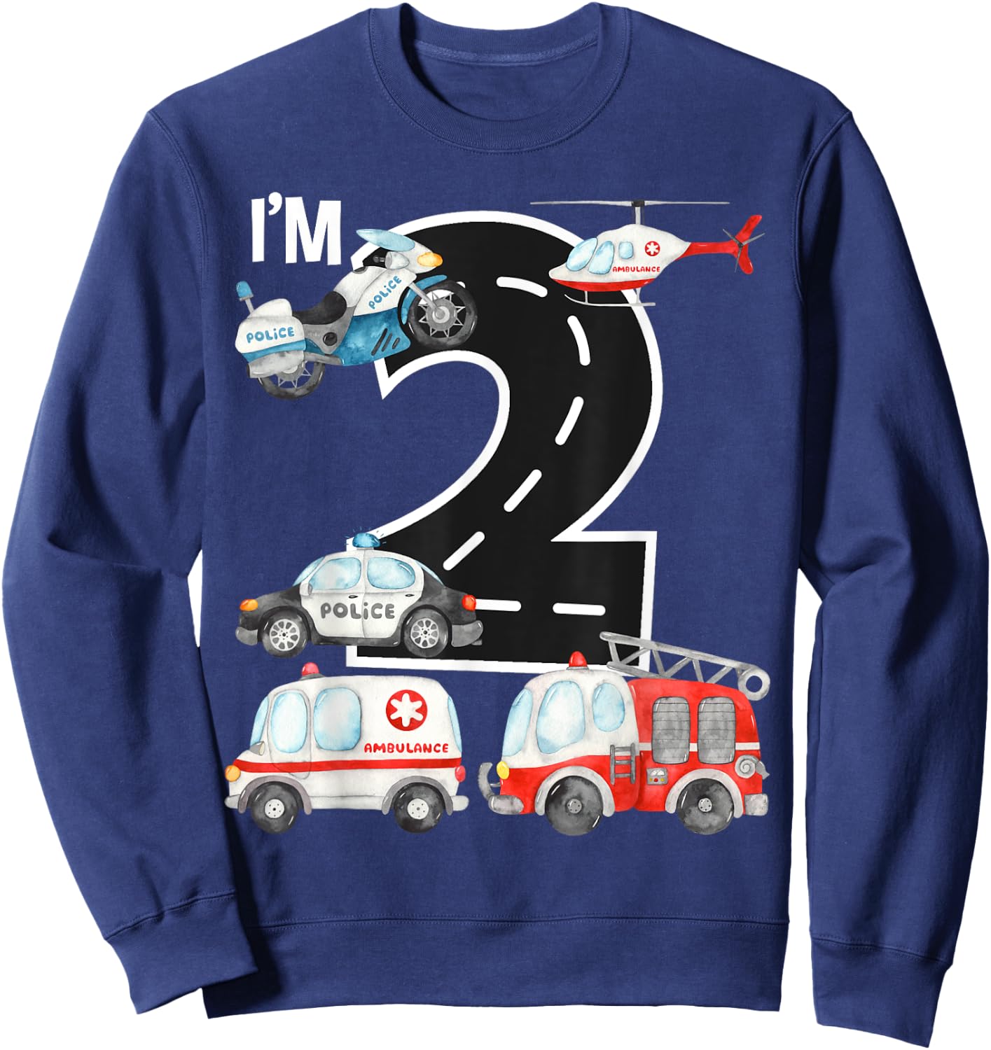 Emergency Vehicles 2nd Birthday Fire Truck Police Car Boys Sweatshirt - Sweatshirt | Navy