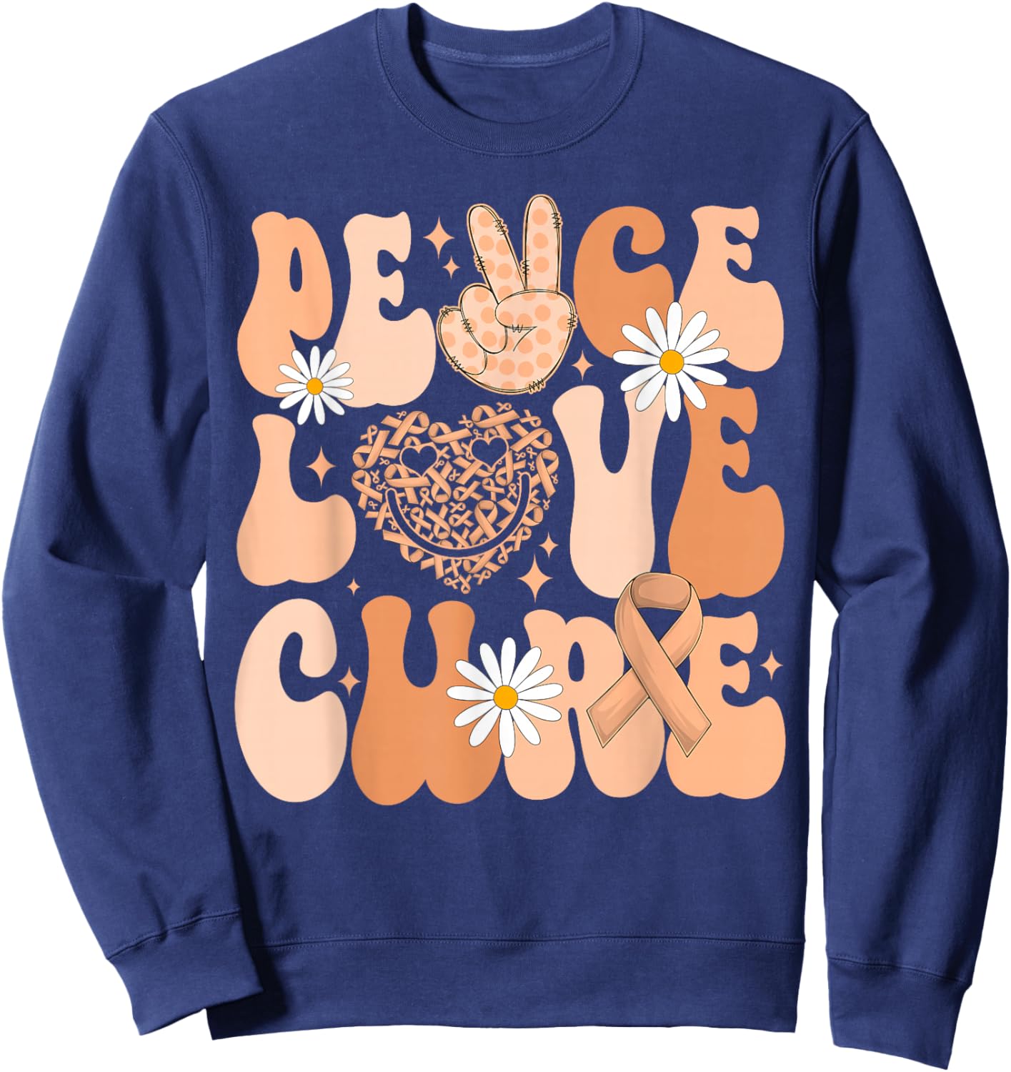 Retro Groovy Peace Love Cure Uterine Cancer Awareness Month Sweatshirt - Sweatshirt | Navy