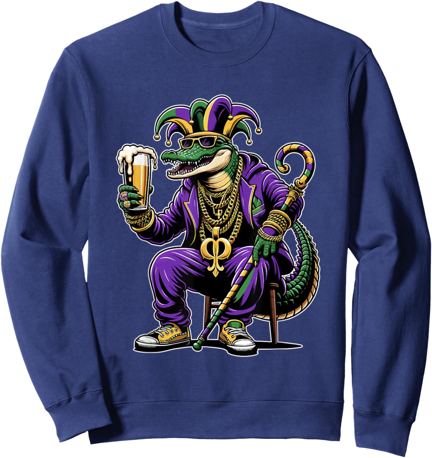 Beads & Bling Gangster Mardi Gras Gator Alligator Jester Sweatshirt - Sweatshirt | Navy