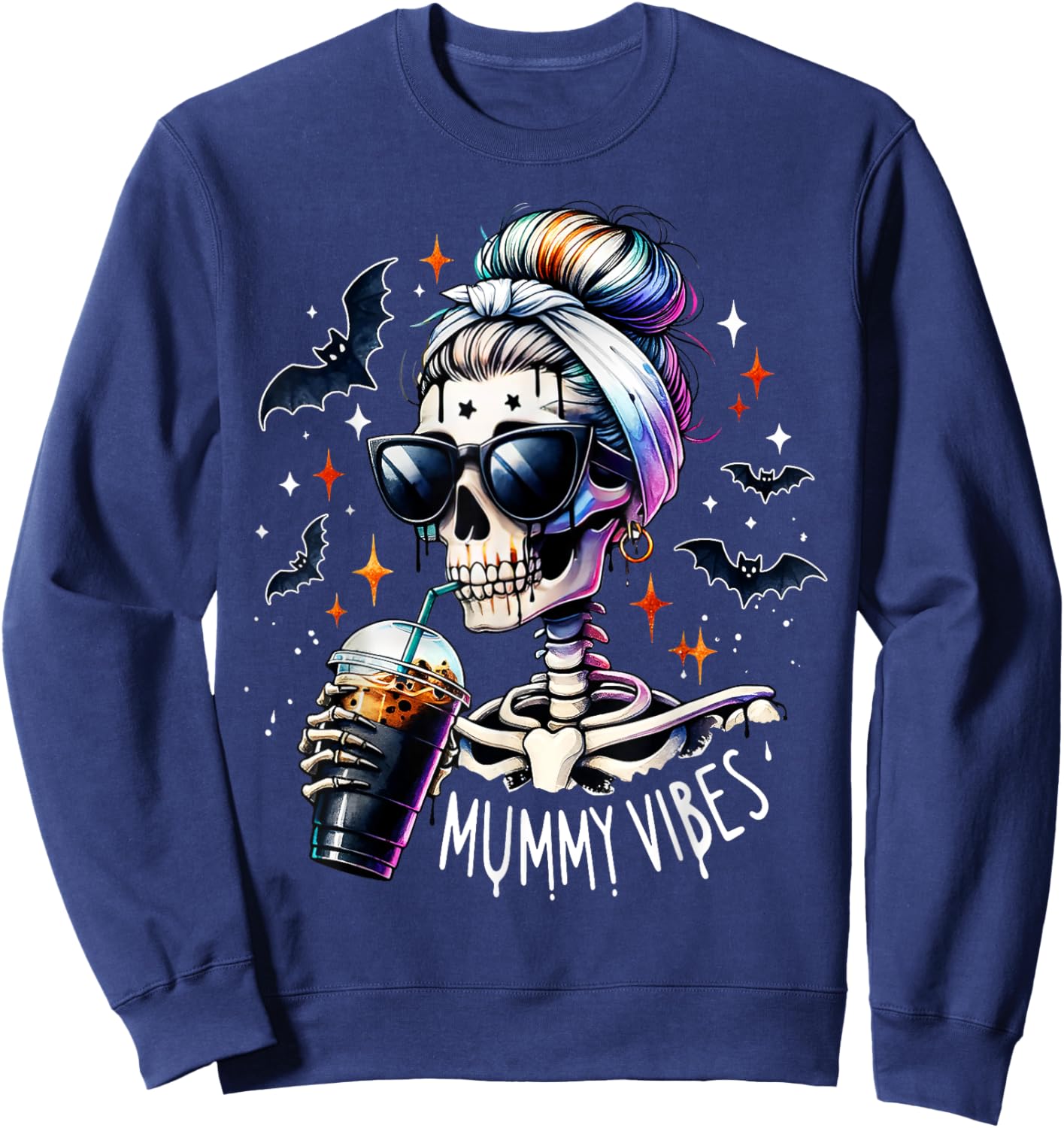 Mummy Vibes Skeleton Coffee Mom Spooky Season Halloween Sweatshirt - Sweatshirt | Navy