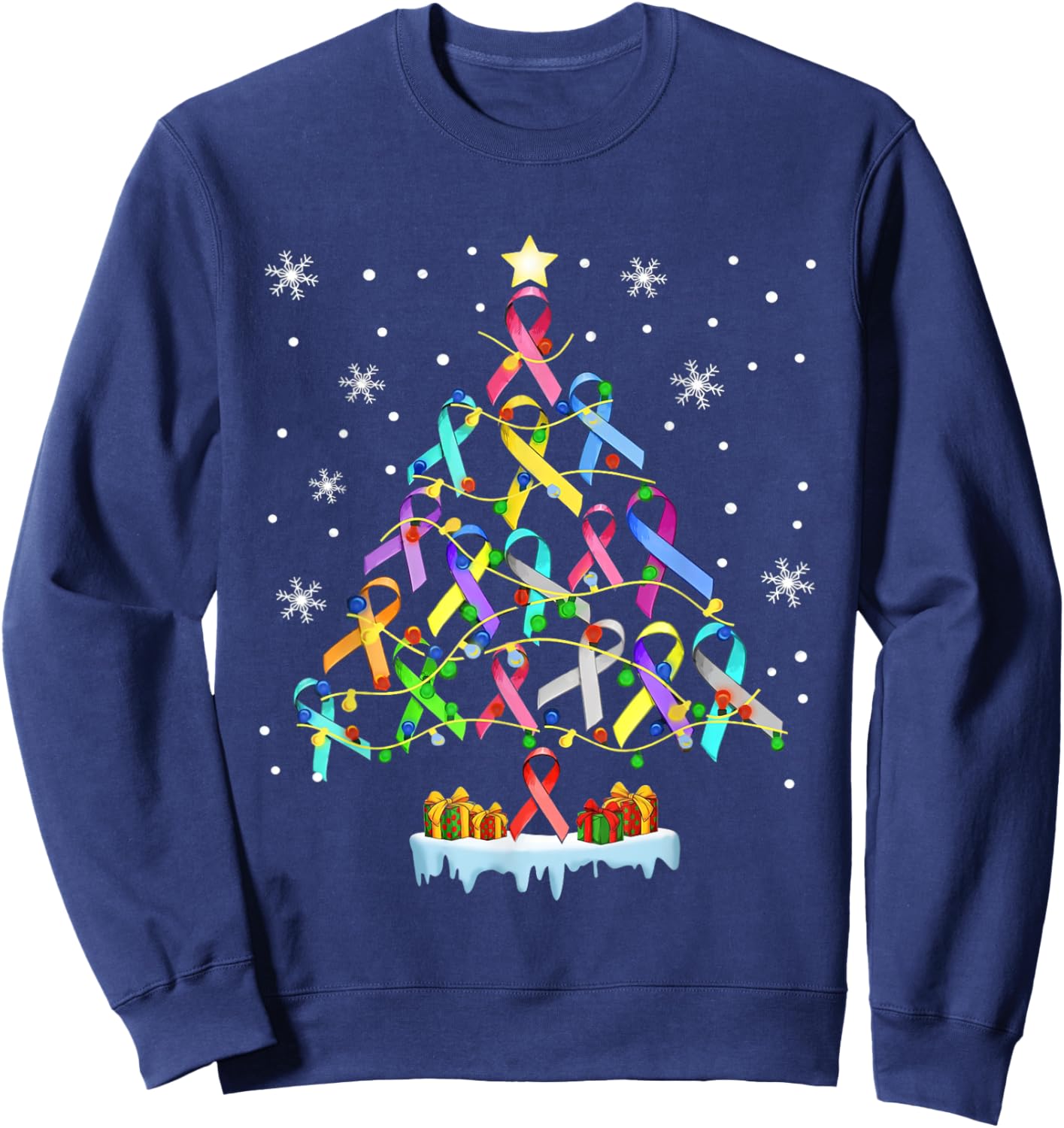 Hope Fight Cancer Christmas Tree Ribbon Christmas Awareness Sweatshirt - Sweatshirt | Navy