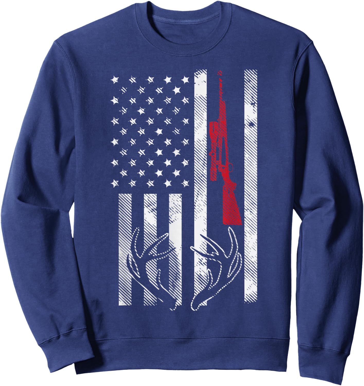 American Flag Rifle Antler Vintage Deer Hunting Hunter Gift Sweatshirt - Sweatshirt | Navy