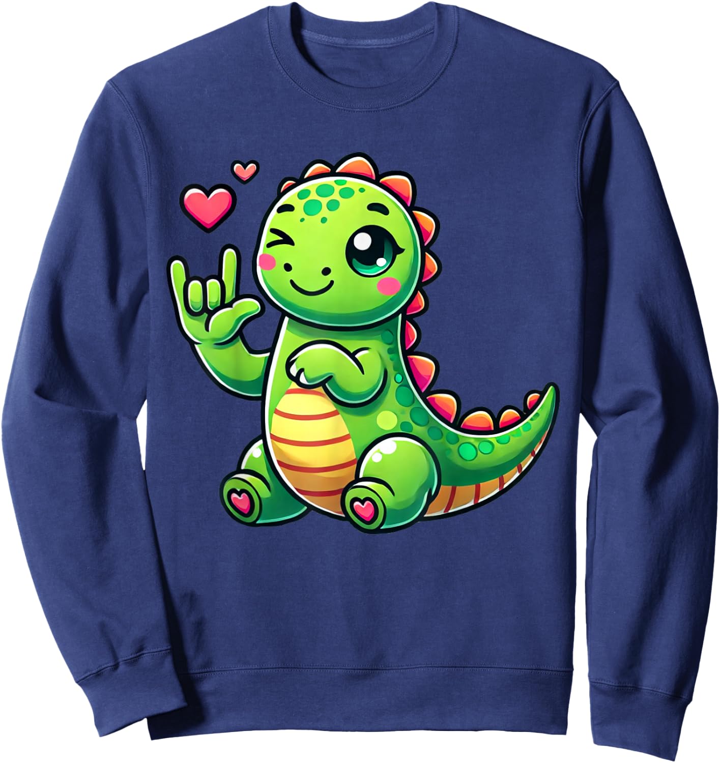 Cute Dinosaur Love You Hand Sign Language ASL Sweatshirt - Sweatshirt | Navy