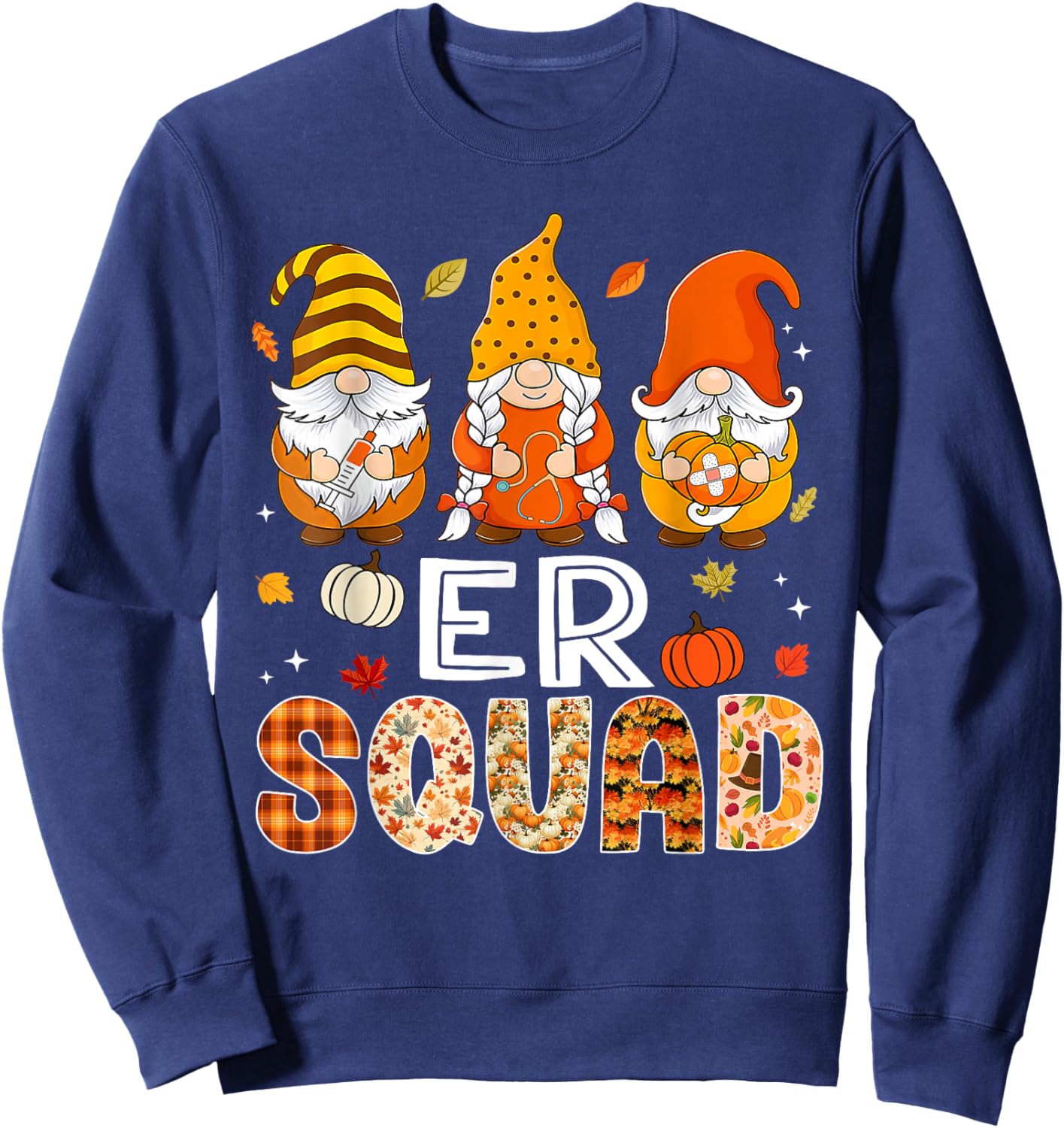 ER Squad Gnome Nurse Leopard Thanksgiving Fall Stethoscope Sweatshirt - Sweatshirt | Navy