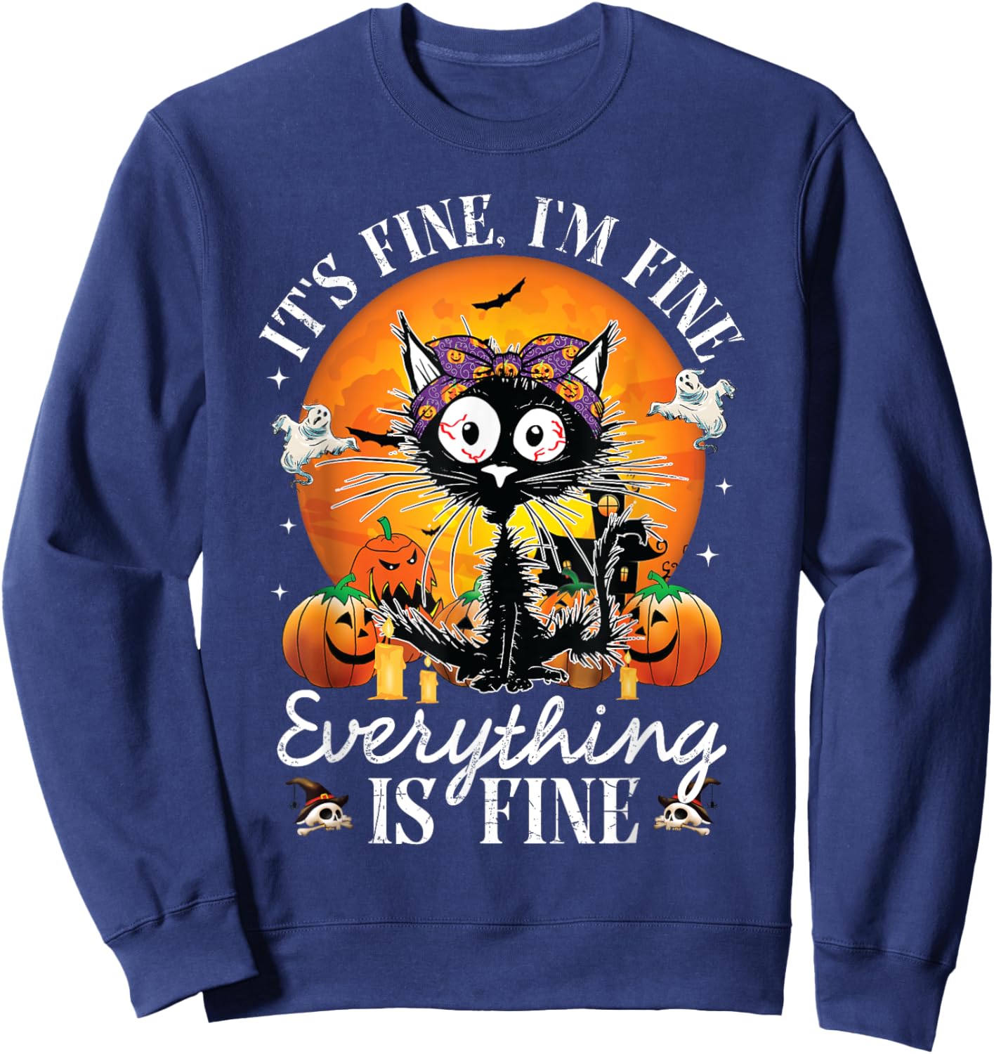 Black Cat It's Fine I'm Fine Everything Is Fine Halloween Women Sweatshirt - Sweatshirt | Navy