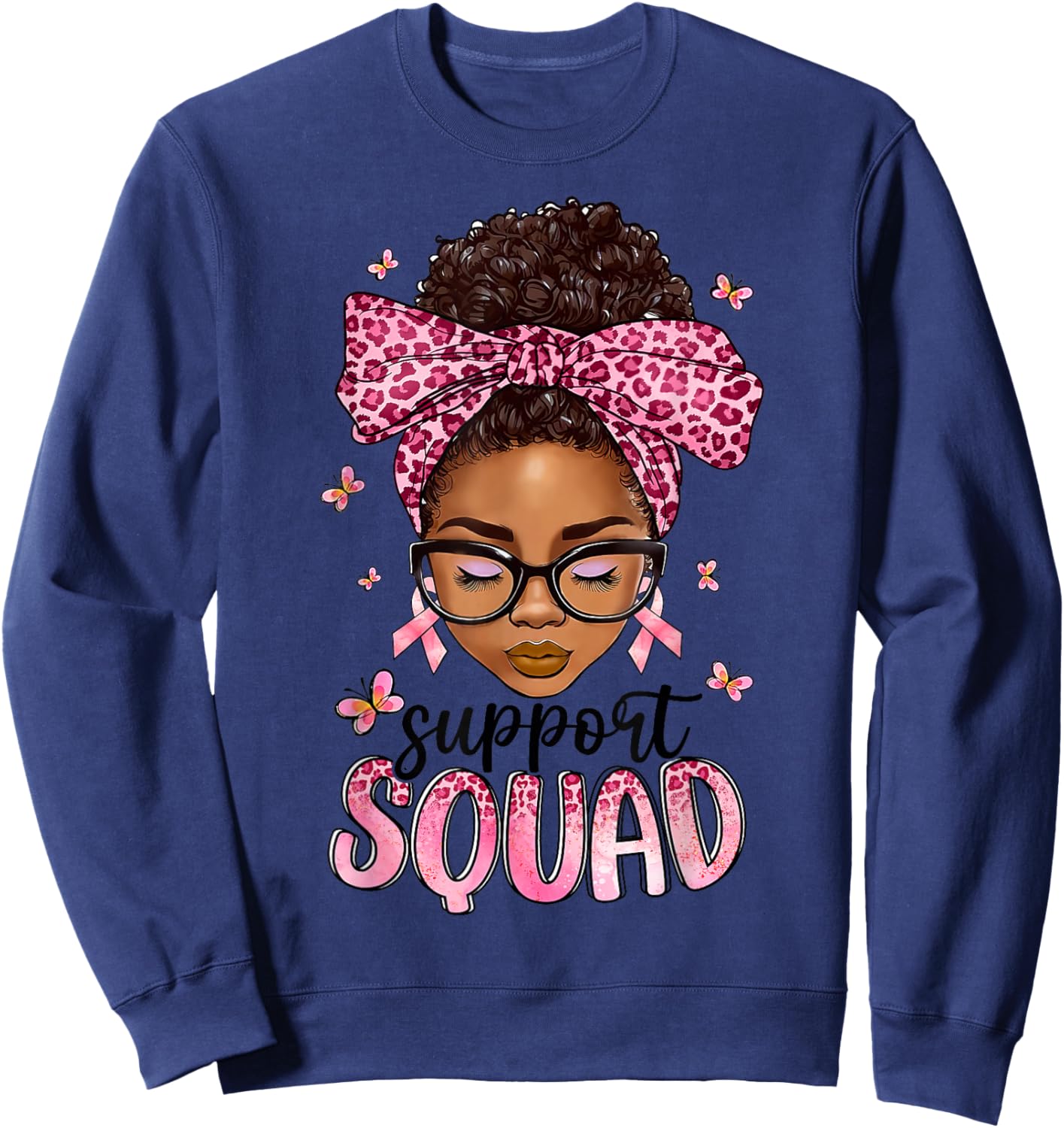 Support Squad Breast Cancer Awareness Messy Bun Black Woman Sweatshirt - Sweatshirt | Navy