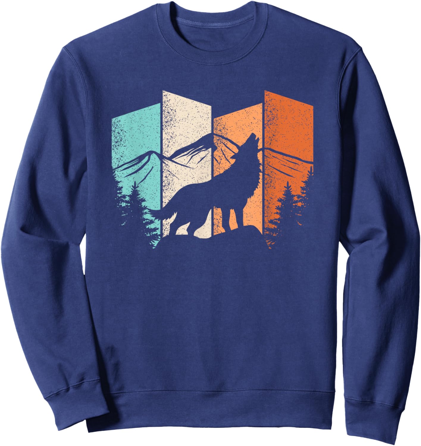 Retro Wolf Landscape Mountain Trees Wolf Lover Men Women Sweatshirt - Sweatshirt | Navy