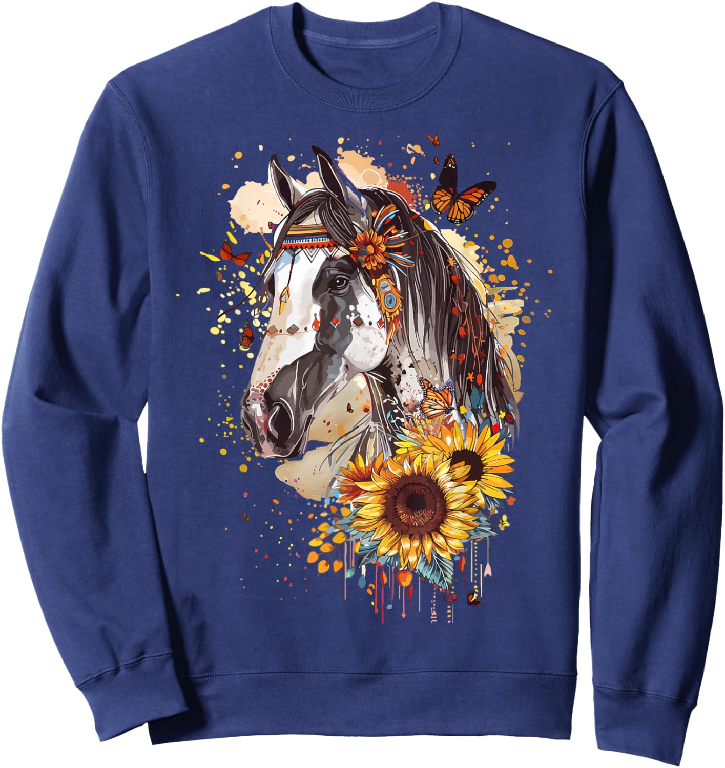 American Paint Horse Lover CowGirl Sunflower Horse Portrait Sweatshirt - Sweatshirt | Navy
