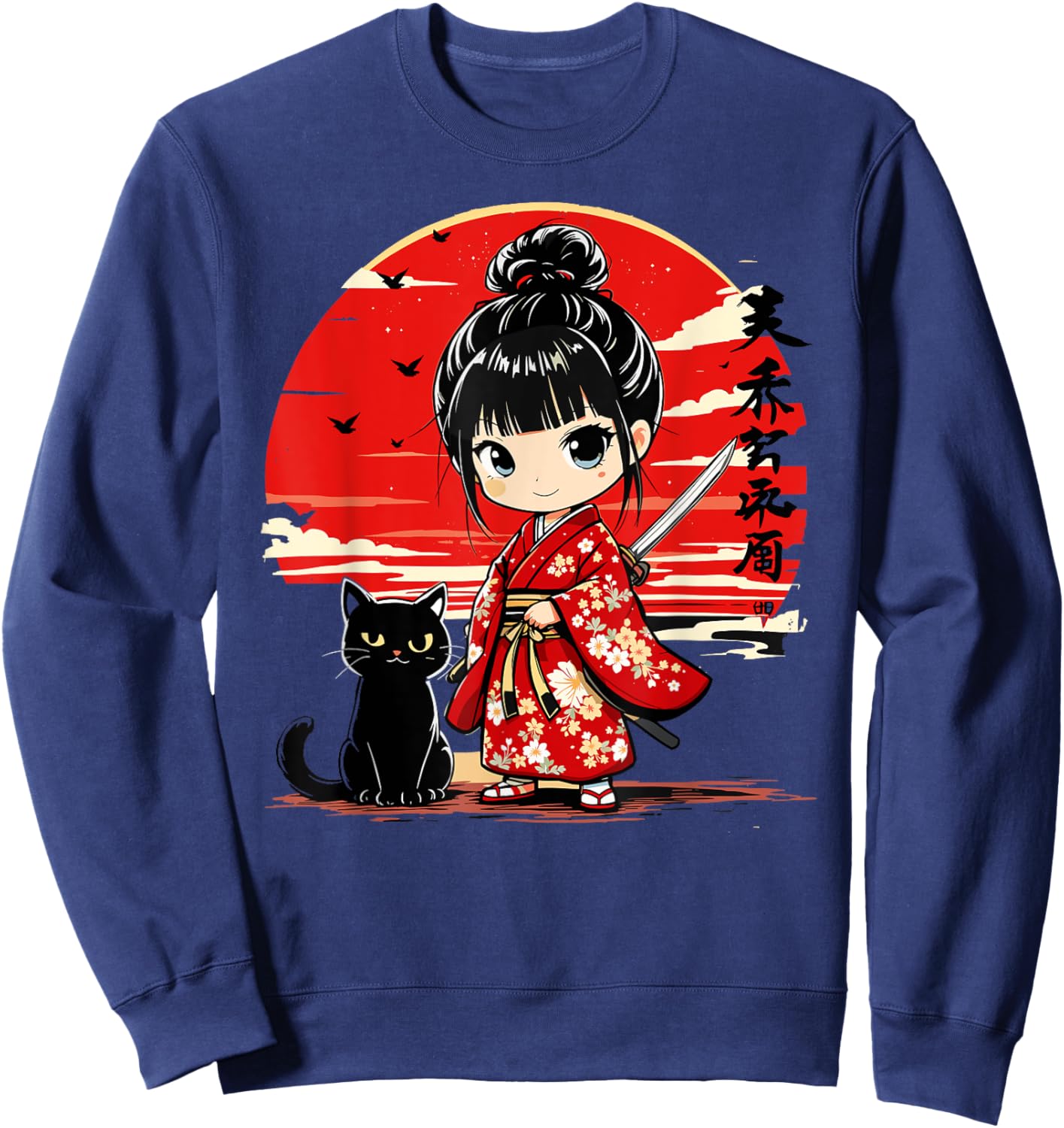 Cute Kawaii Samurai Girl and Cat Japanese Anime Kids Girls Sweatshirt - Sweatshirt | Navy