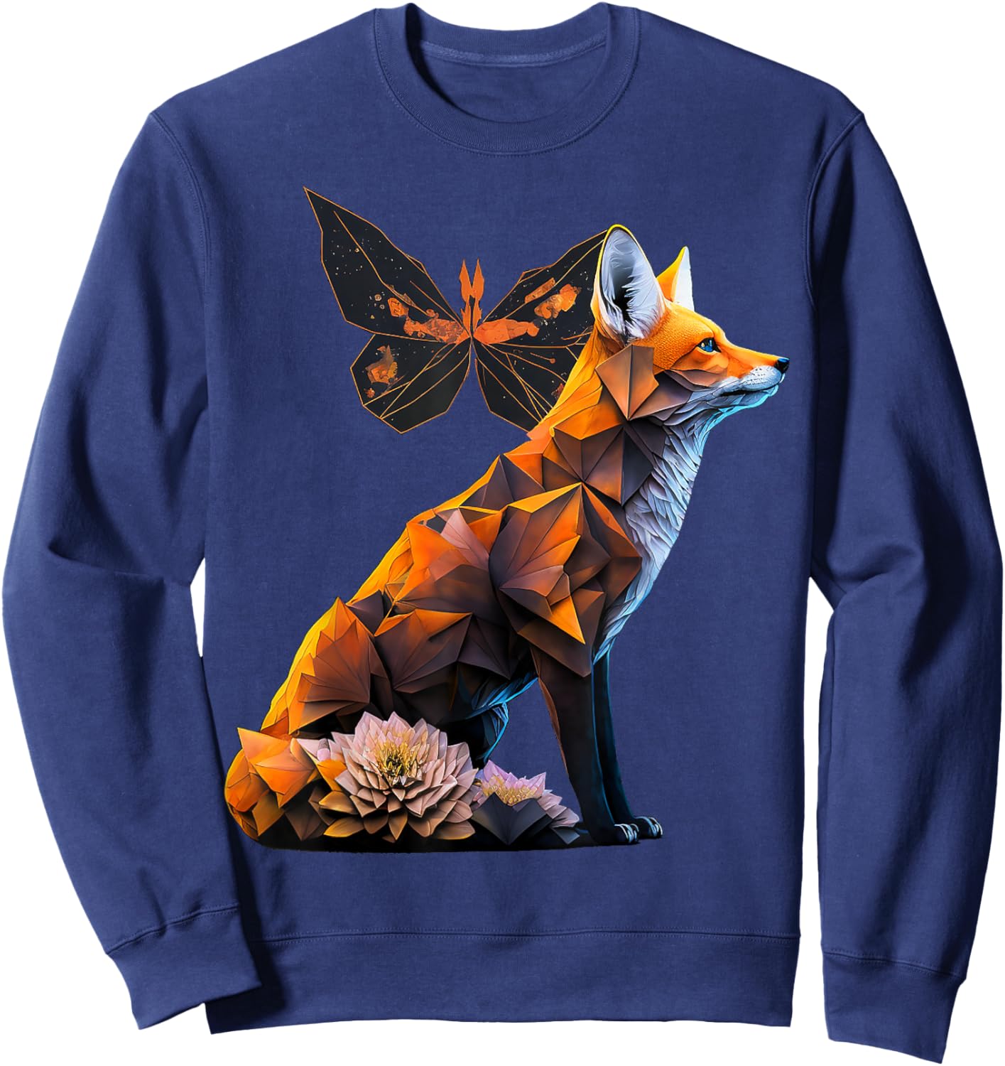 Fox Butterfly Motif Art Animal Fox Sweatshirt - Sweatshirt | Navy