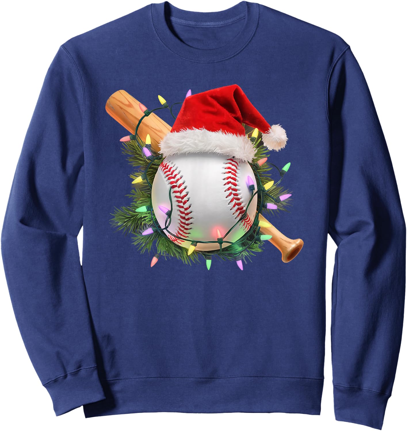 Christmas Baseball Santa Hat Holiday Lights Sports Fans Sweatshirt - Sweatshirt | Navy