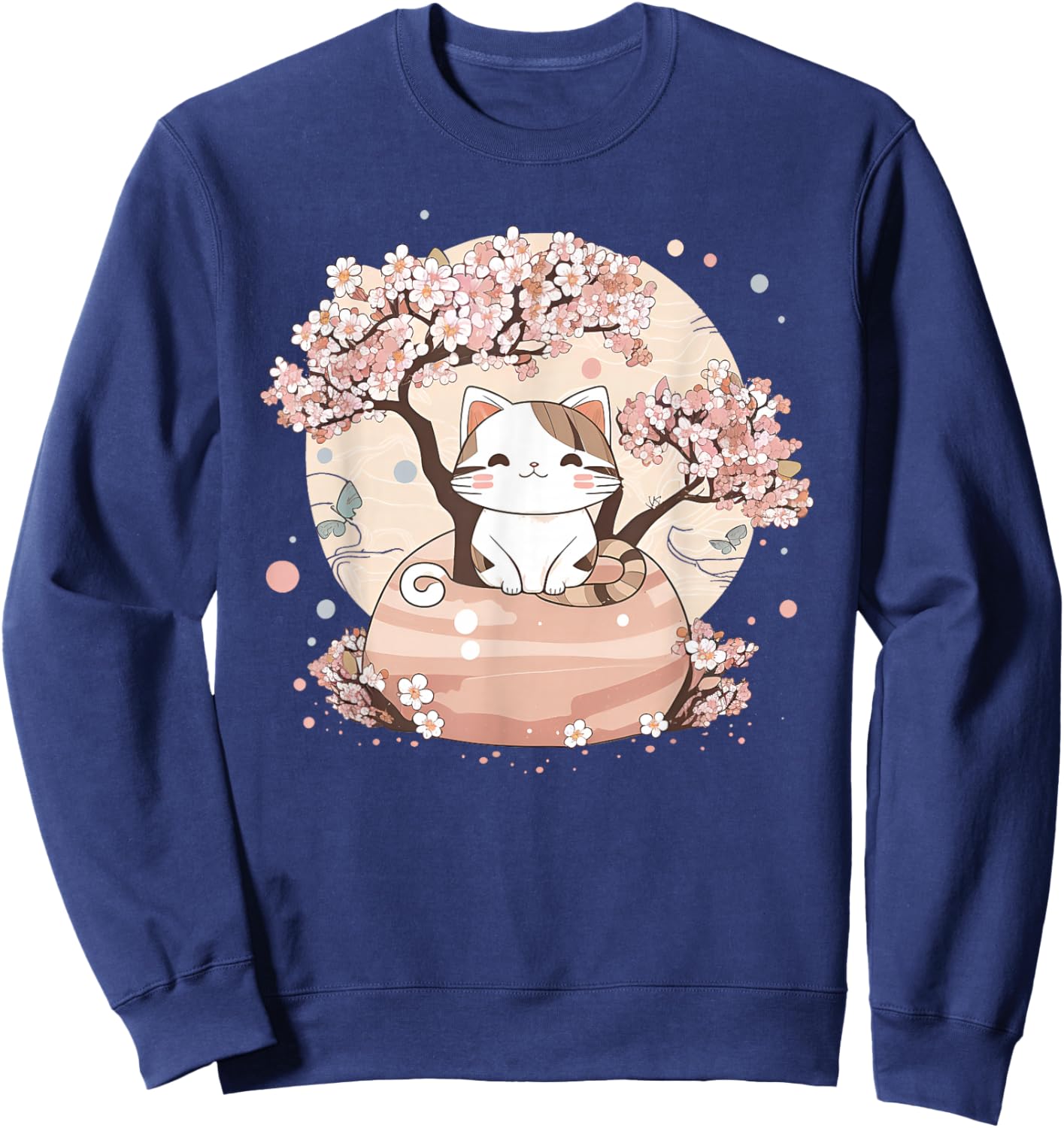 Cherry Blossom Tree Cat Japanese Aesthetic Vaporwave Anime Sweatshirt - Sweatshirt | Navy