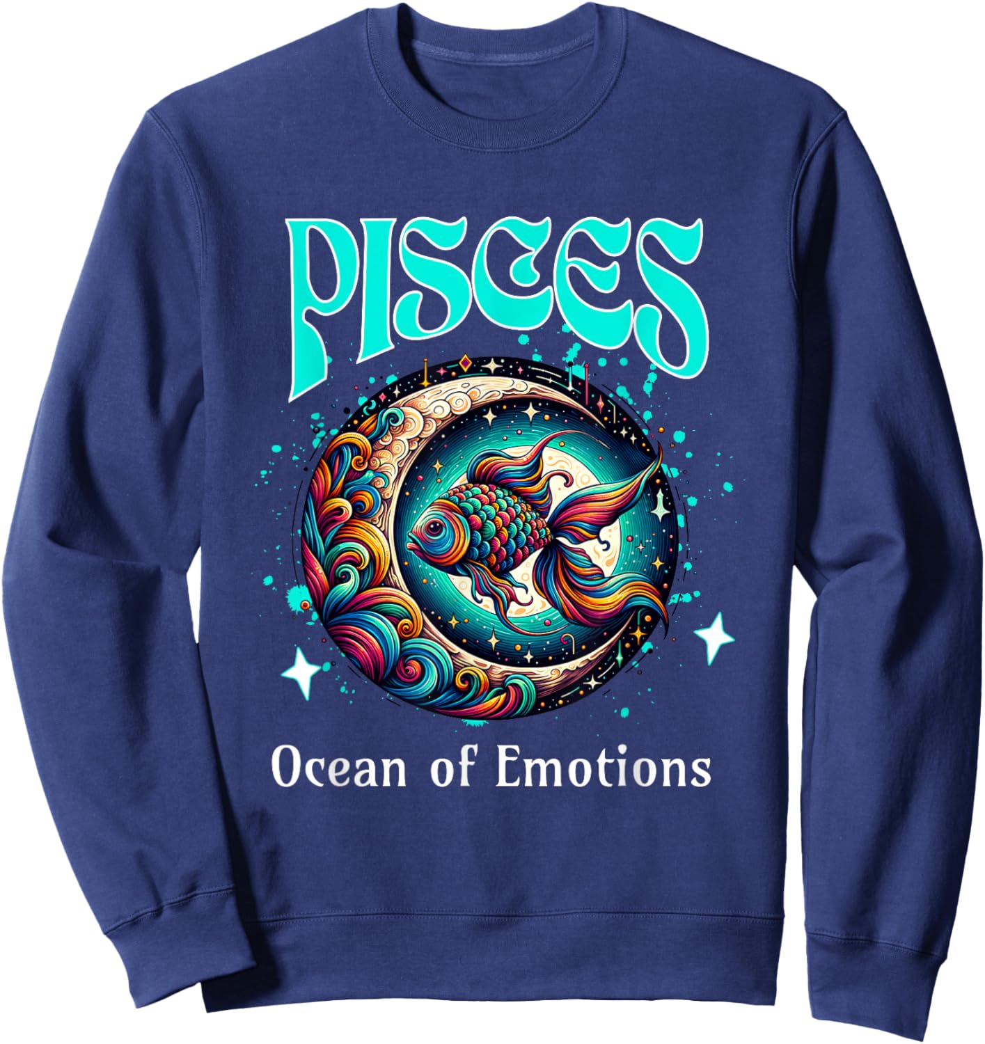 Pisces Ocean of Emotions Moon and Fish Cosmic Zodiac Design Sweatshirt - Sweatshirt | Navy