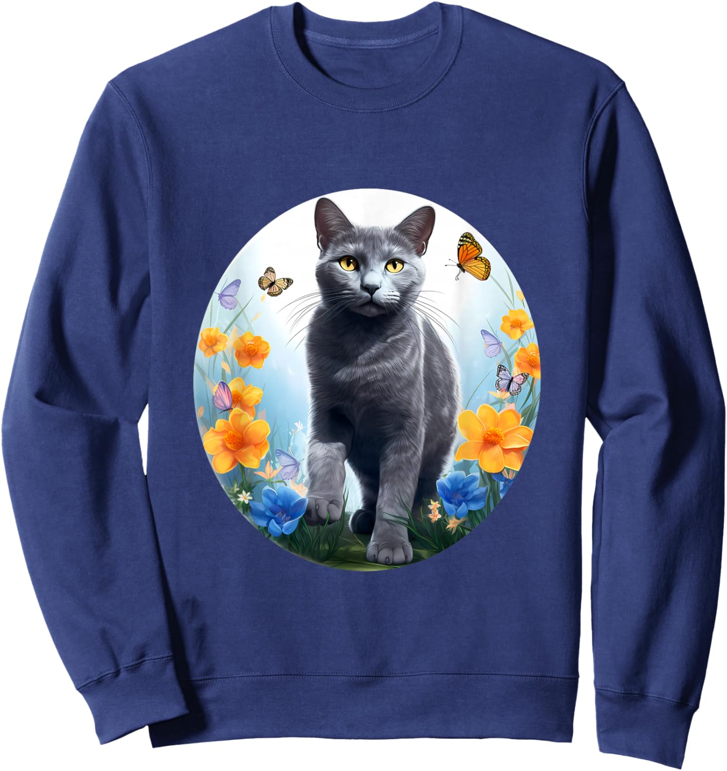 Russian Blue Cat Cat Flower Sweatshirt - Sweatshirt | Navy