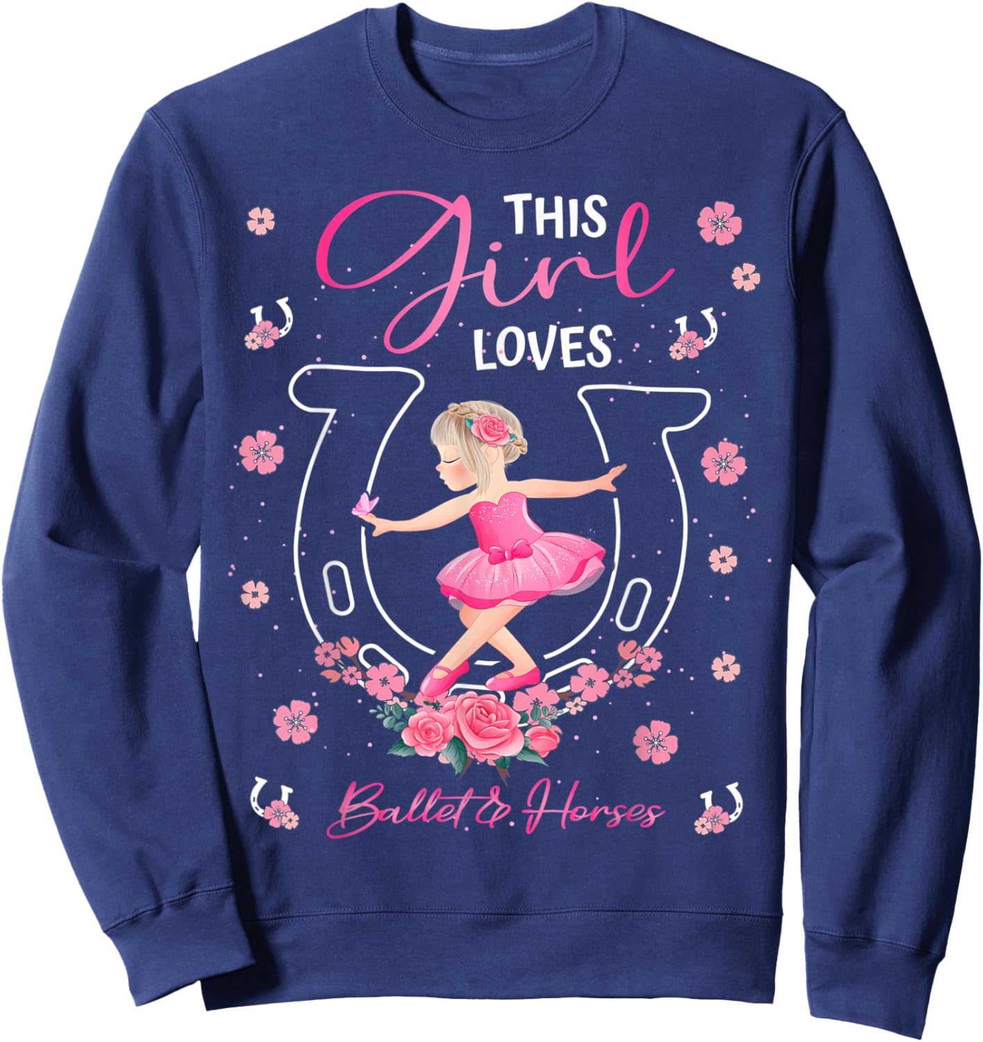 This Girl Loves Ballet And Horses Ballerina Horseshoe Sweatshirt - Sweatshirt | Navy