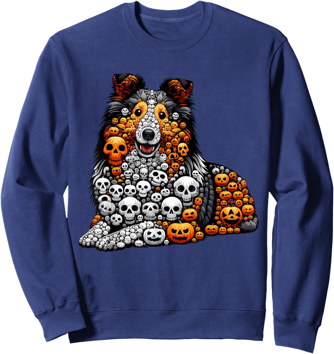 Skulls Carved Pumpkins Halloween Sheltie Cute Shape Sweatshirt - Sweatshirt | Navy