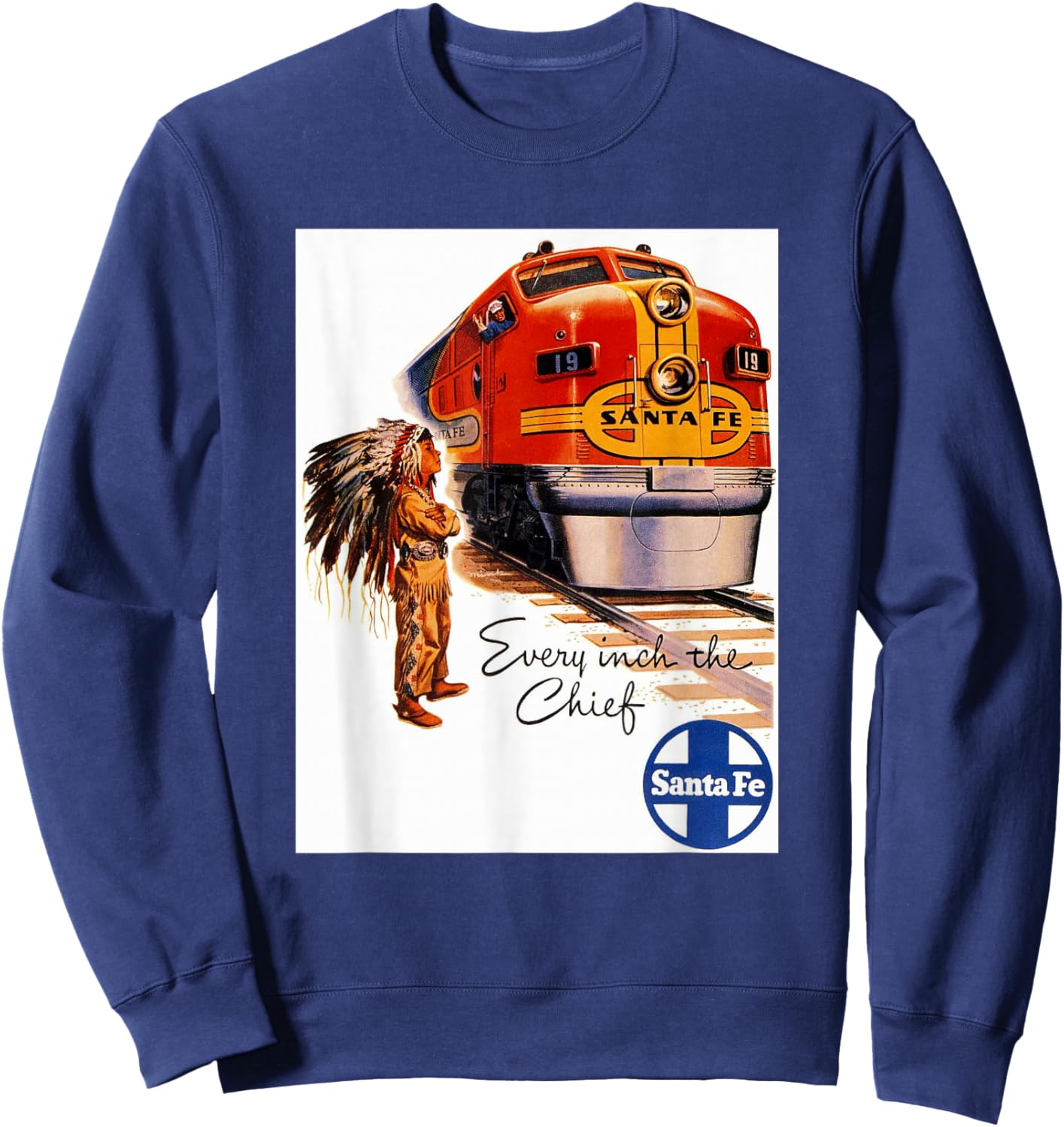 Retro Vintage Movie Posters Prints Ads Santa Fe Railway Native American Train Rails Travel - Men's X-Small Black Short Sleeve Classic Fit Pull On Sweatshirt - Sweatshirt | Navy
