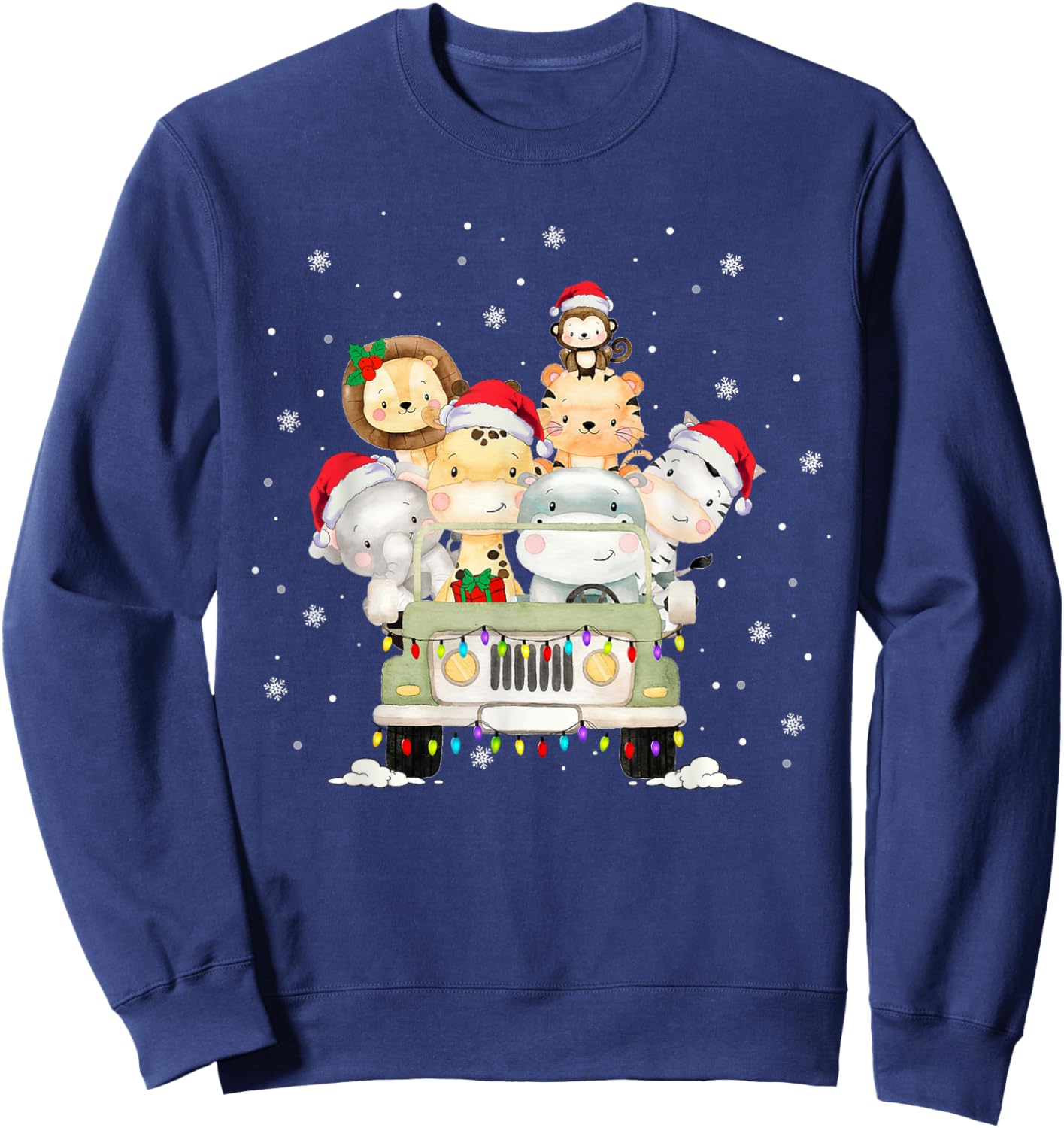 Jungle Safari Animals Merry Christmas Santa Hat Xmas Lights Sweatshirt - Sweatshirt | Navy