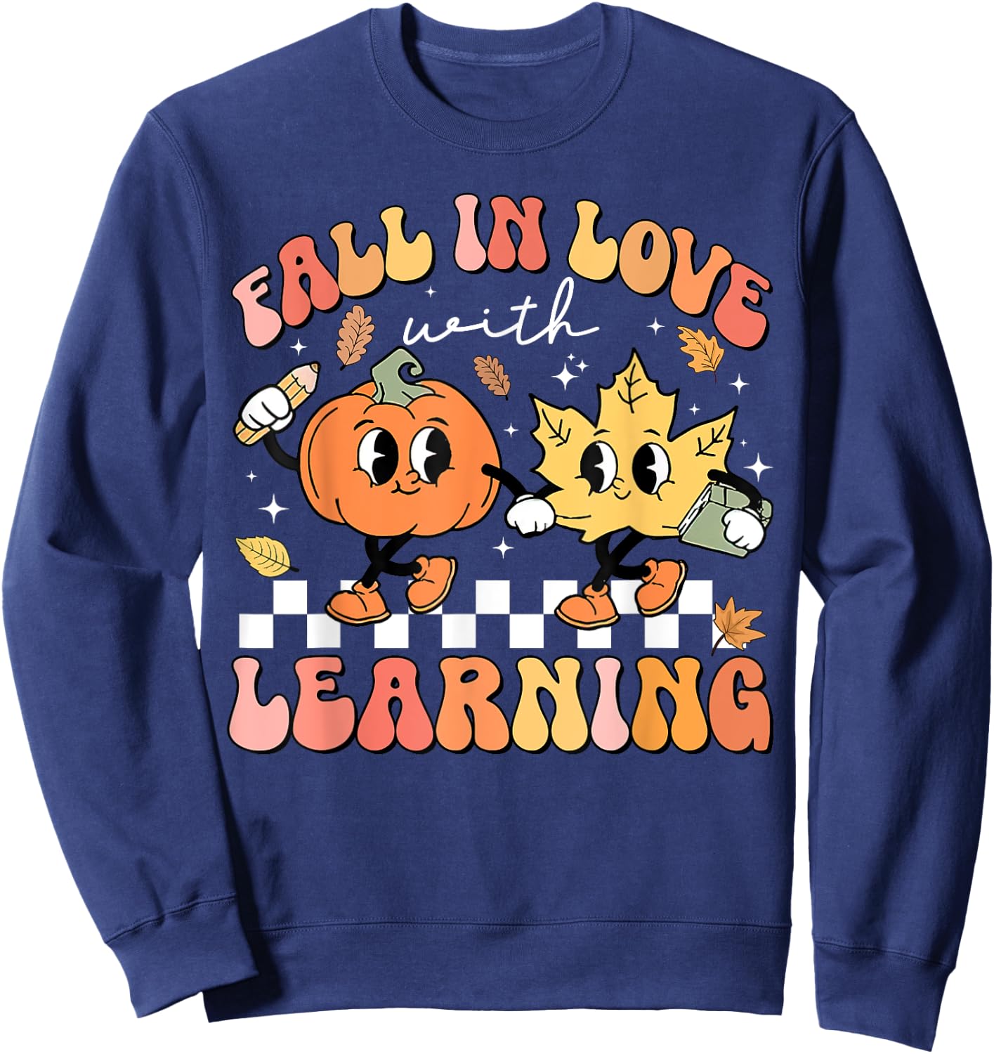 Retro Fall In Love With Learning Autumn Pumpkin Teacher Sweatshirt - Sweatshirt | Navy