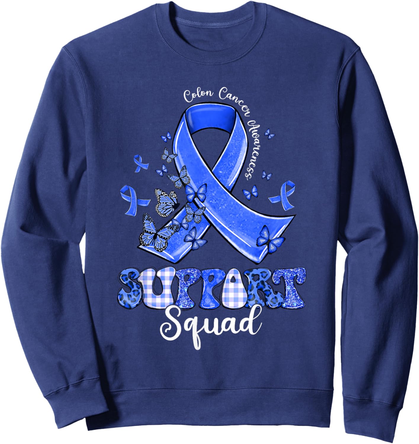 Support Squad Dark Blue Ribbon Butterfly Colon Cancer Sweatshirt - Sweatshirt | Navy