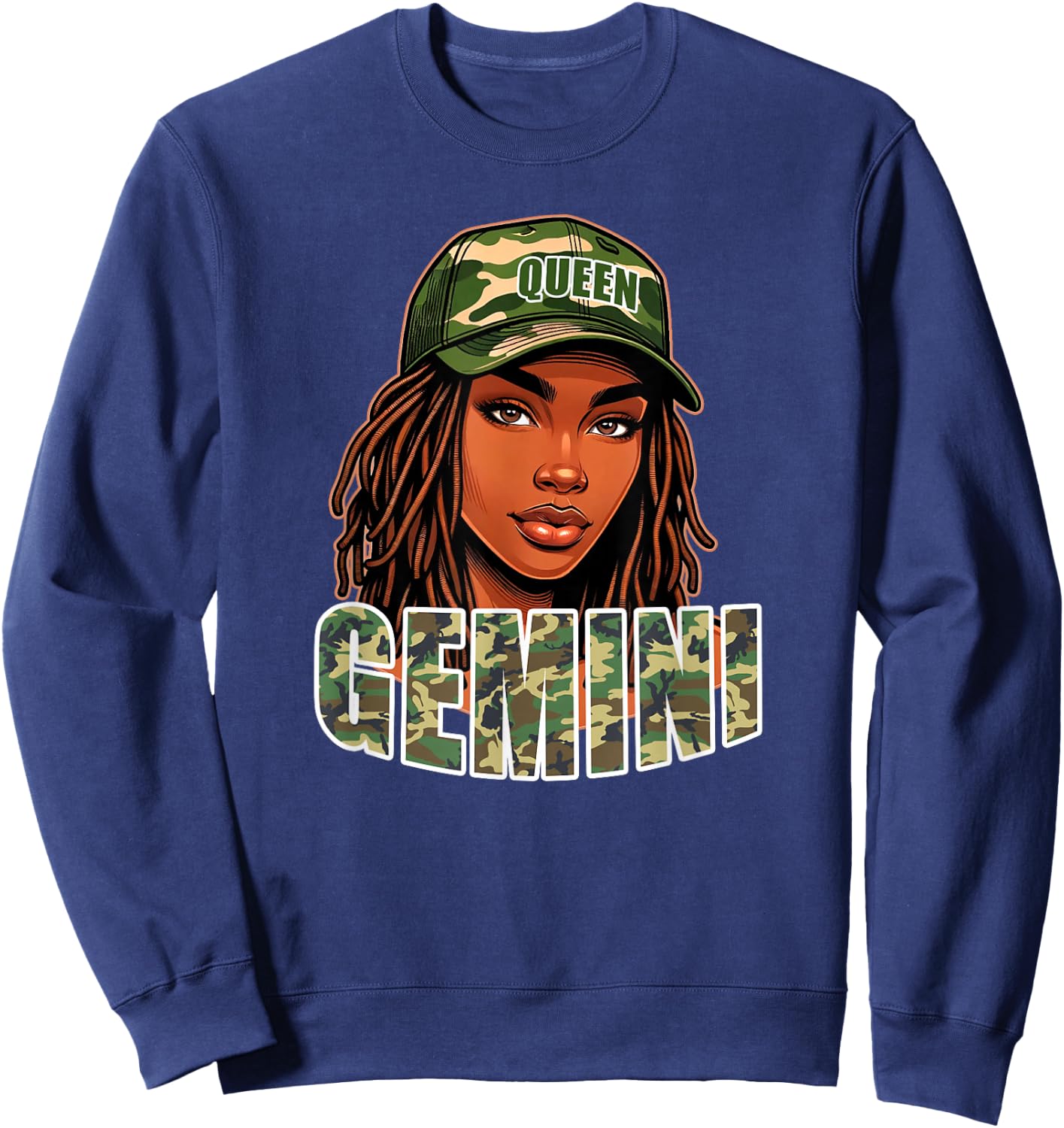 Gemini Queen Camo Hat Locs Birthday Black Woman Sweatshirt - Sweatshirt | Navy