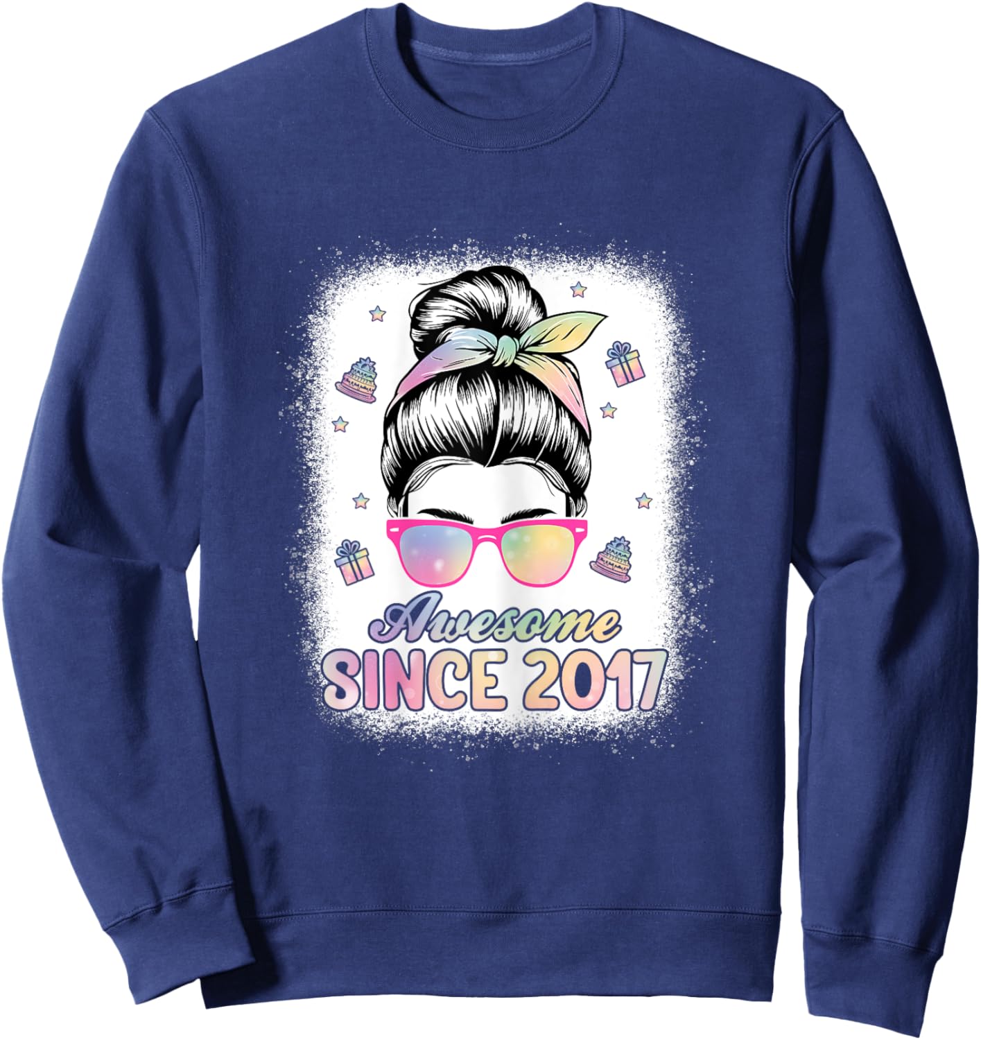 Awesome Since 2017 Messy Bun Hair 8th Birthday Party Girls Sweatshirt - Sweatshirt | Navy