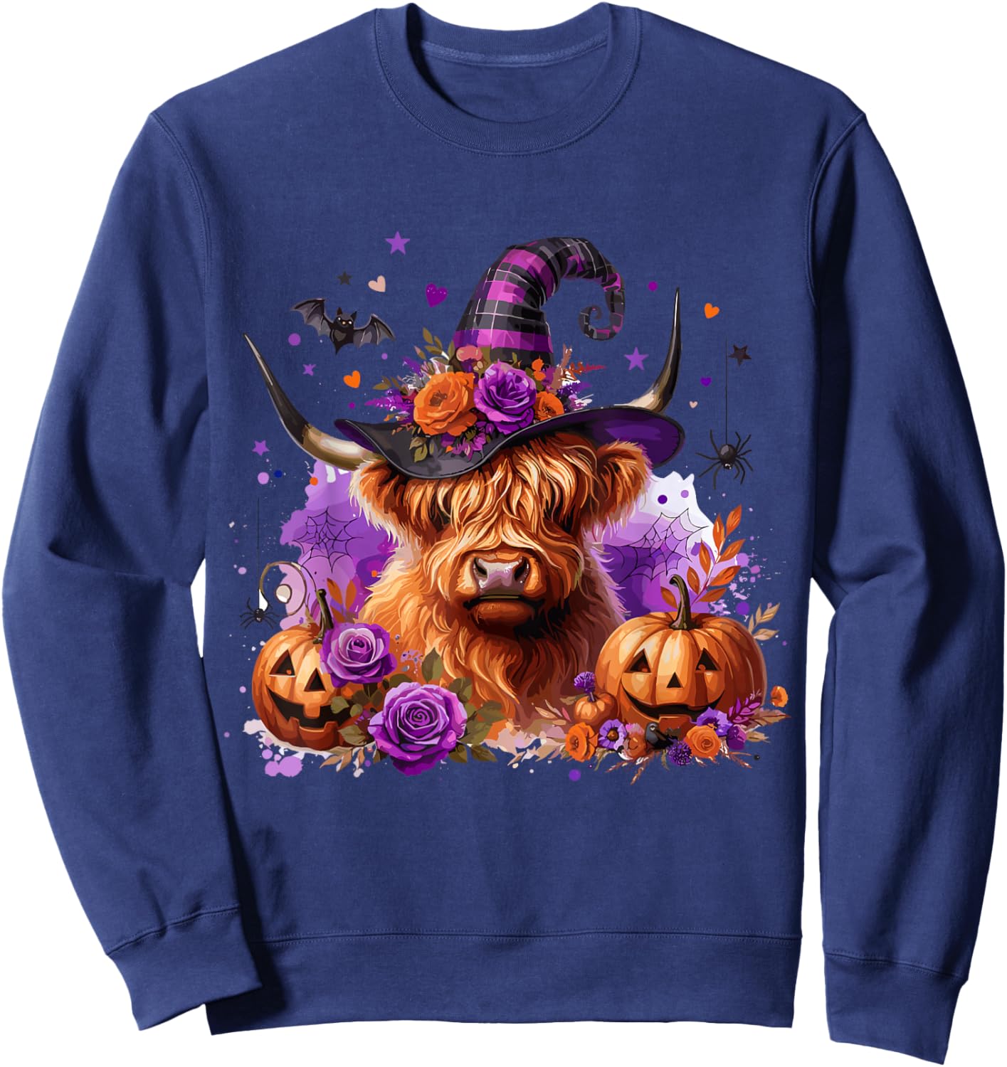 Halloween Highland Cow Pumpkin Witchy Bat Sweatshirt - Sweatshirt | Navy