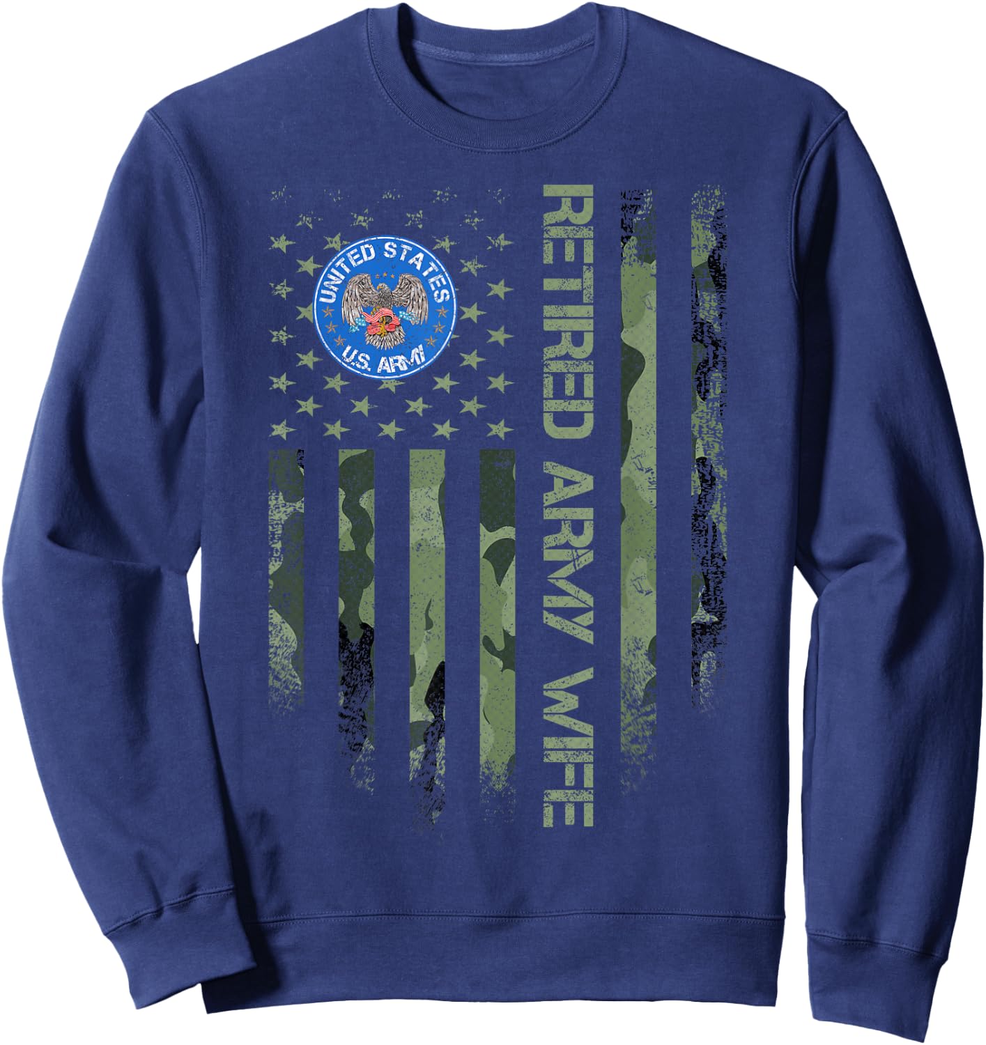 Vintage USA American Camo Flag Retired US Army Veteran Wife Sweatshirt - Sweatshirt | Navy