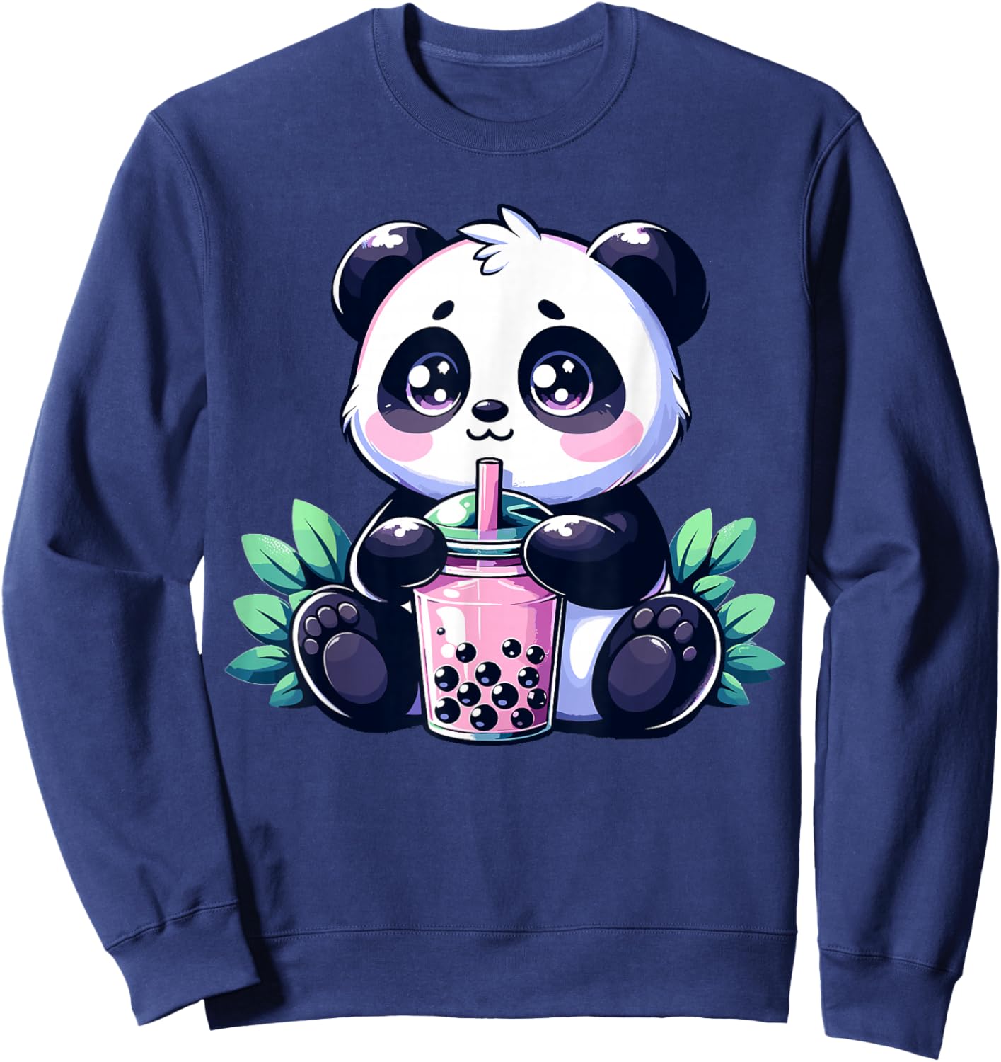 Kawaii Cute Anime Panda Drinking Bubble Tea Boba Tea Panda Sweatshirt - Sweatshirt | Navy