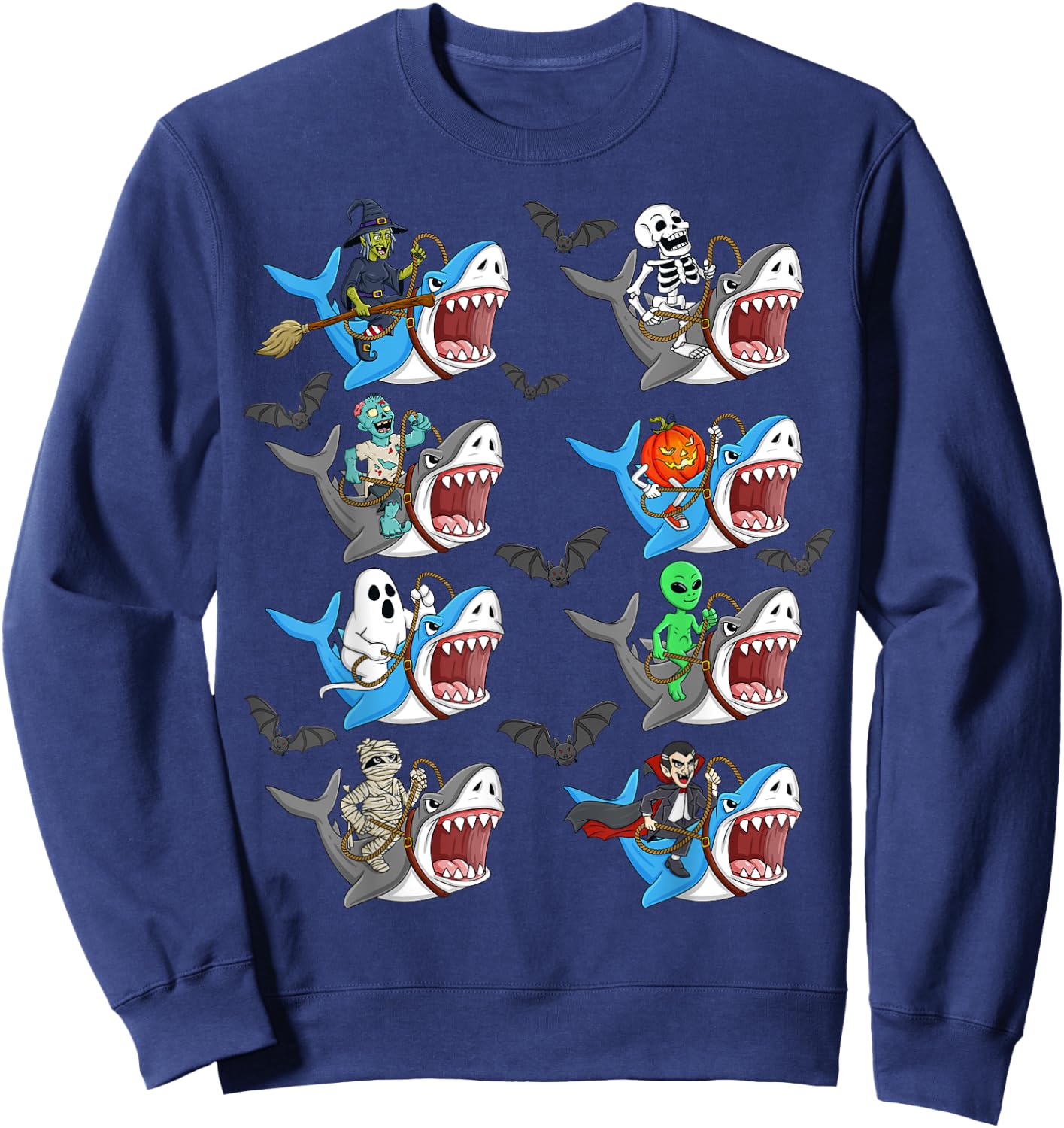 Halloween Skeleton Zombie Riding Shark Mummy Vampire Boys Sweatshirt - Sweatshirt | Navy